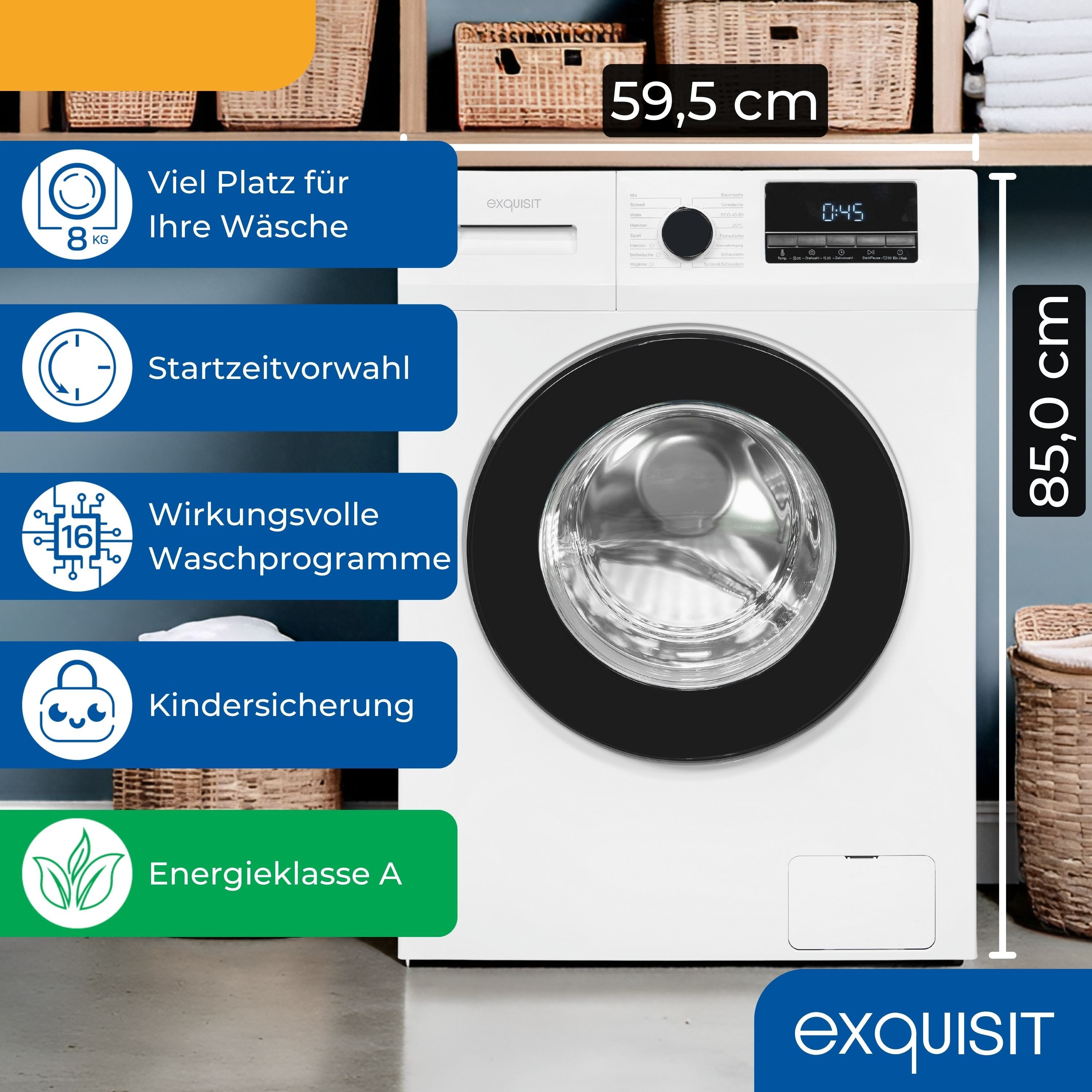 exquisit Waschmaschine WA58014-340A, 8 kg, 1400 U/min, 8kg, Energieklasse A, 16 Waschprogramme, Startzeitvorwahl, Aquastop