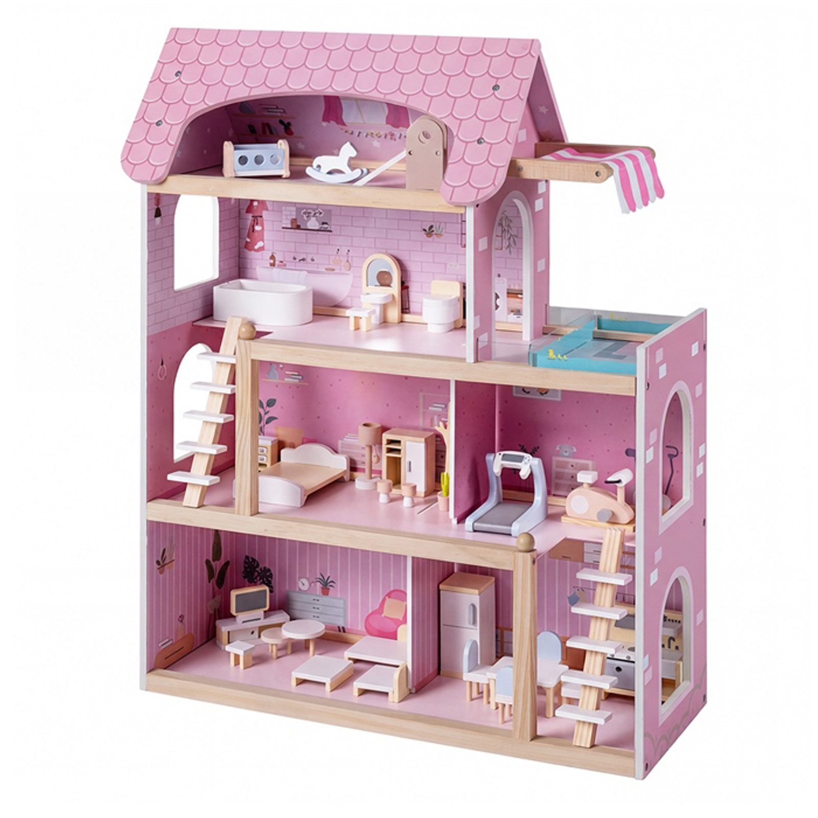 KOMFOTTEU Puppenhaus Puppen-Villa, mit 33 realistische Zubehör & Möbel, 6 Zimmer