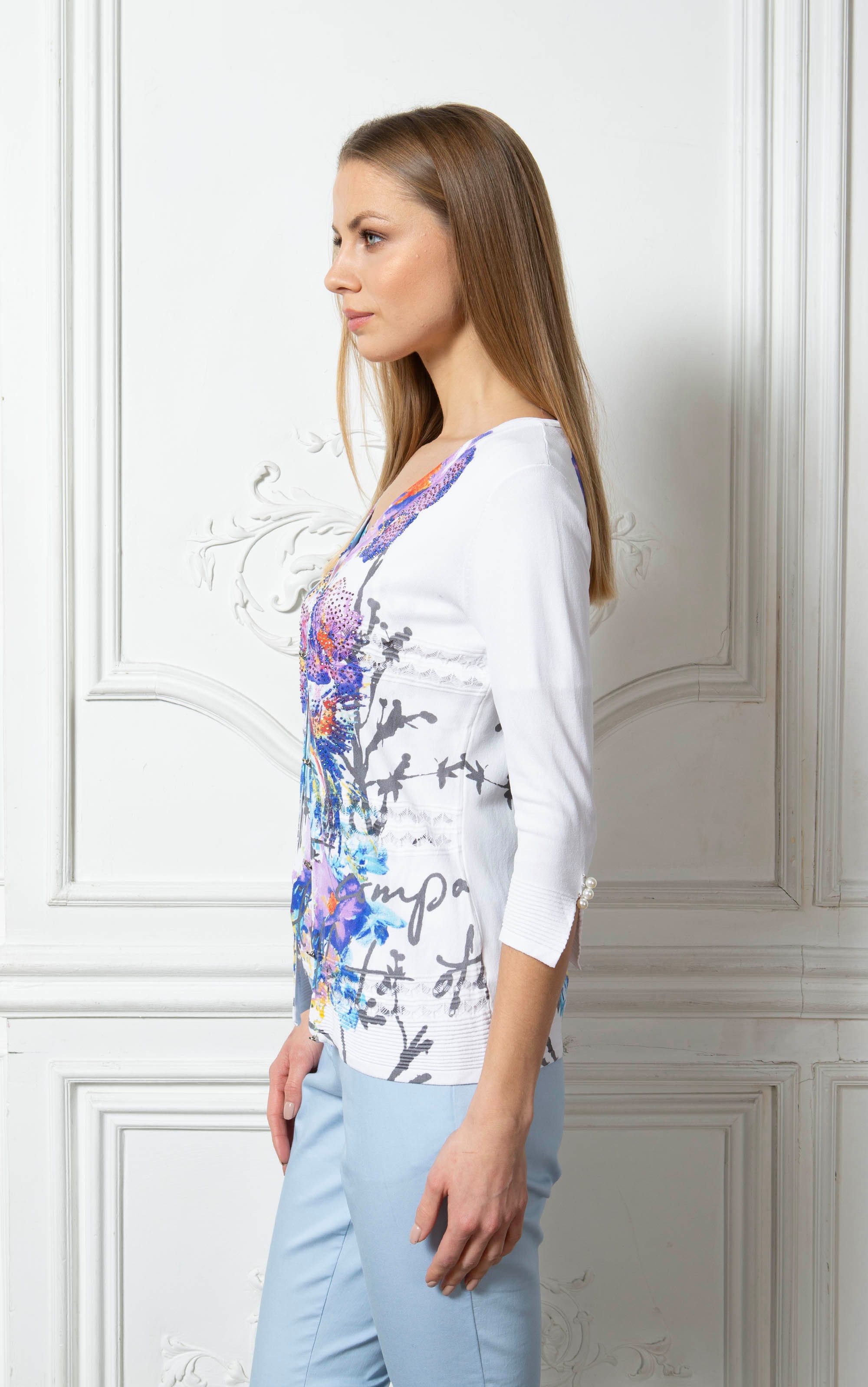Passioni 2-in-1-Strickjacke Twinset mit Aquarellblumen und Strassdetails