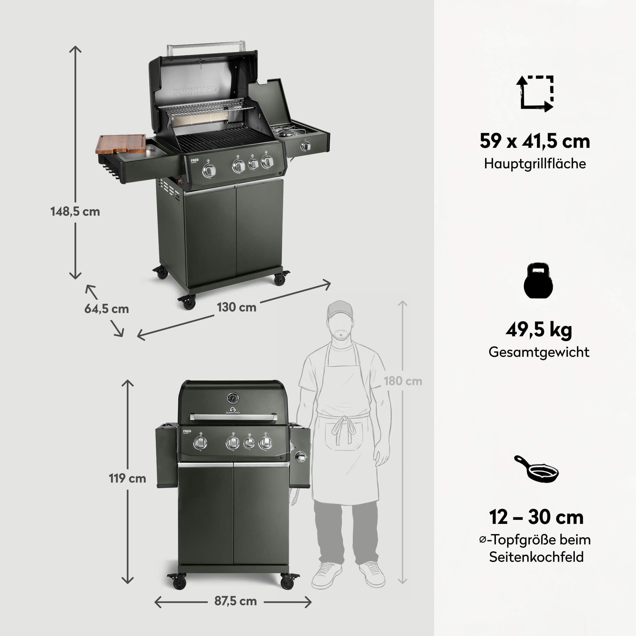 BURNHARD® Gasgrill 3-Brenner, 2x Edelstahlstabbrenner 3,75 kW, Infrarot-Keramikbrenner 3,75 kW, Heckbrenner, Seitenkochfeld, Gussrost, Piezo-Zündung – FRED Deluxe