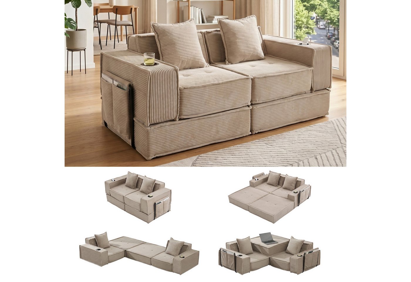 GLP Sofa Modulares Bodensofa 2-Sitzer, Set 5, faltbares Cord-Schlafsofa mit Liegefläche 162x156 cm