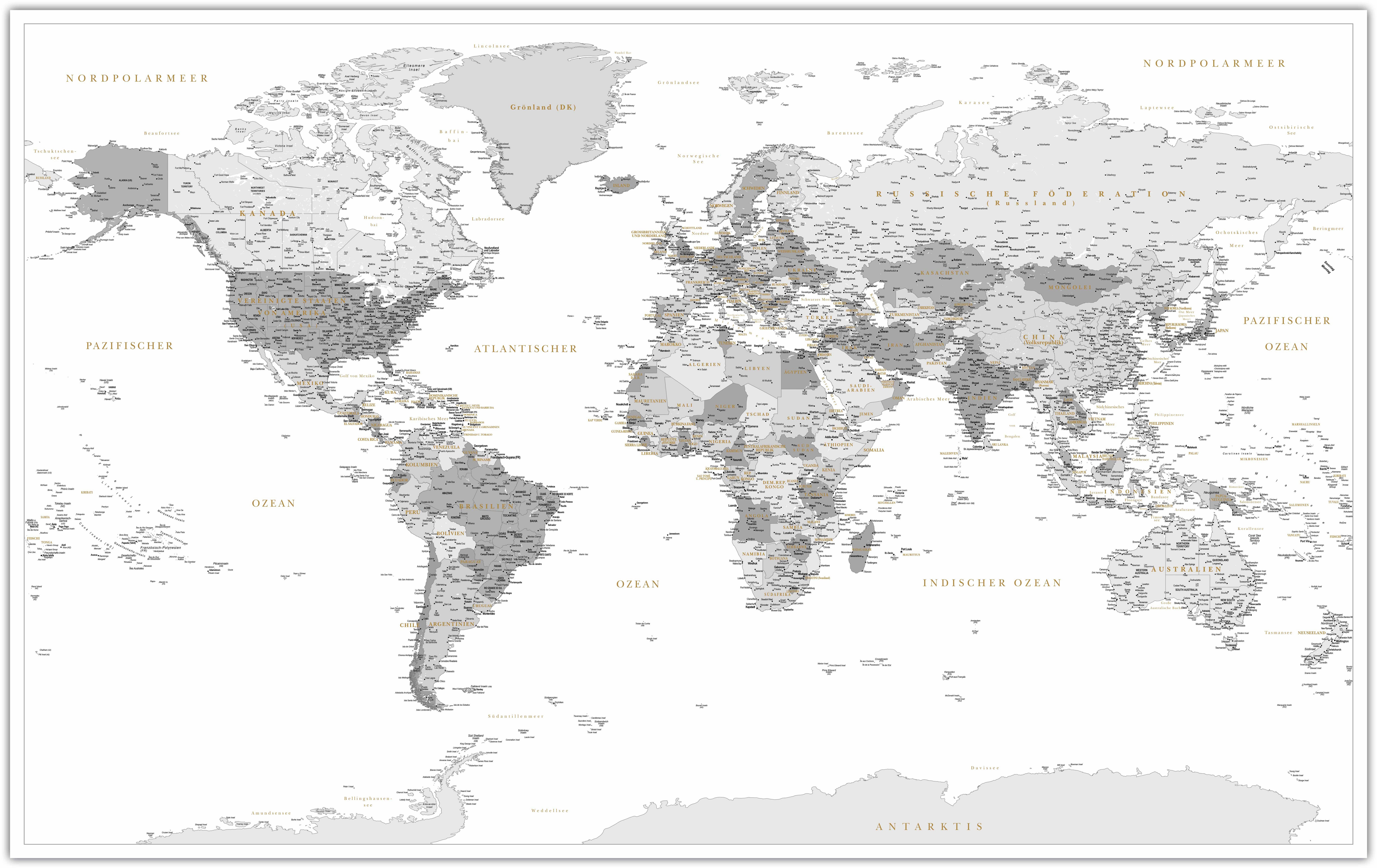 Interkart Landkarten & Globen GmbH Poster Moderne Weltkarte Weiß/Grau – Aktuelle deutsche Weltkarte, Wandbild, Bildung, Geographie, Reiseplanung