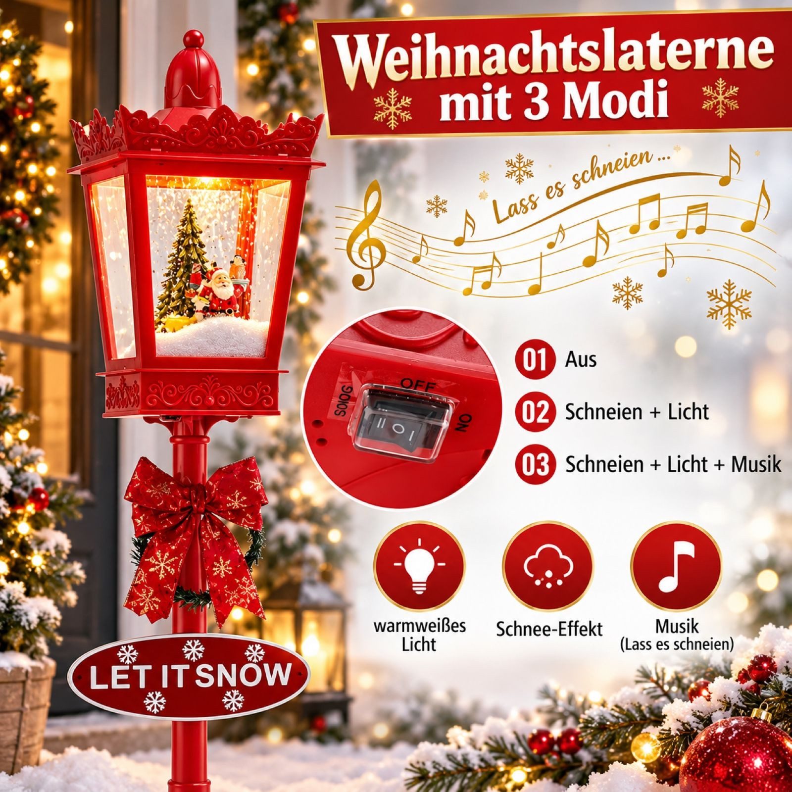 BURI Dekofigur Straßenlaterne Schneegestöber Musik 24 LED Licht Weihnachtsdekoration – Bild 3 von 5