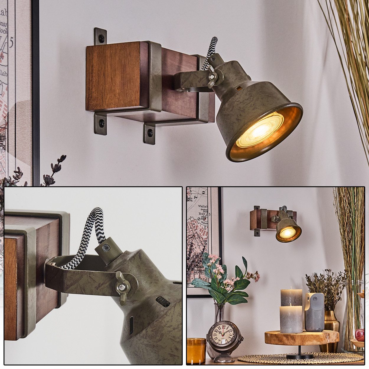 hofstein Wandleuchte Wandlampe aus Metall/Holz in Grün/Grau/Dunkelbraun, ohne Leuchtmittel, Leuchte mit verstellbaren Strahlern 1 x GU10, ohne Leuchtmittel
