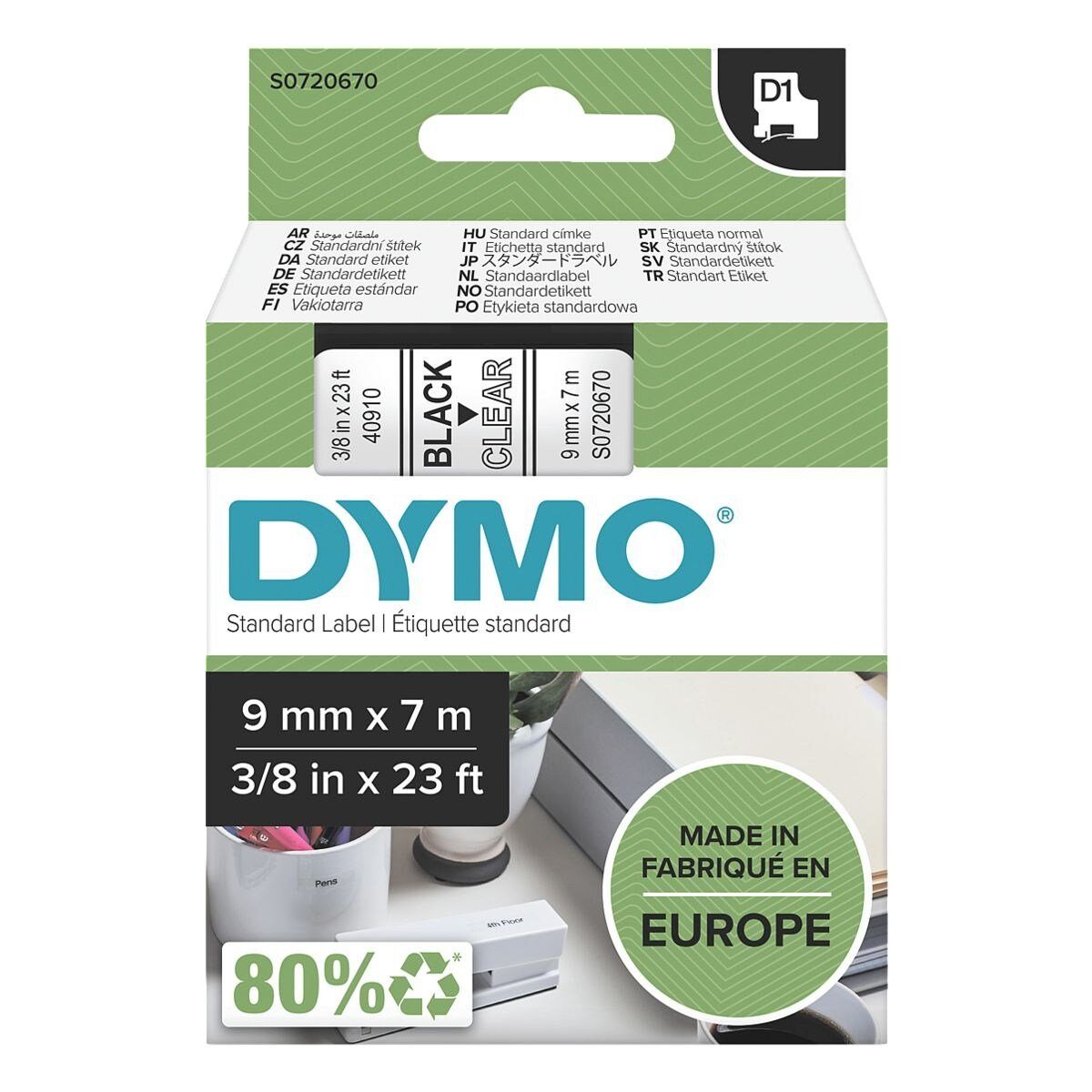 DYMO Beschriftungsband, D1 Schriftband 9 mm x 7 m schwarz/transparent