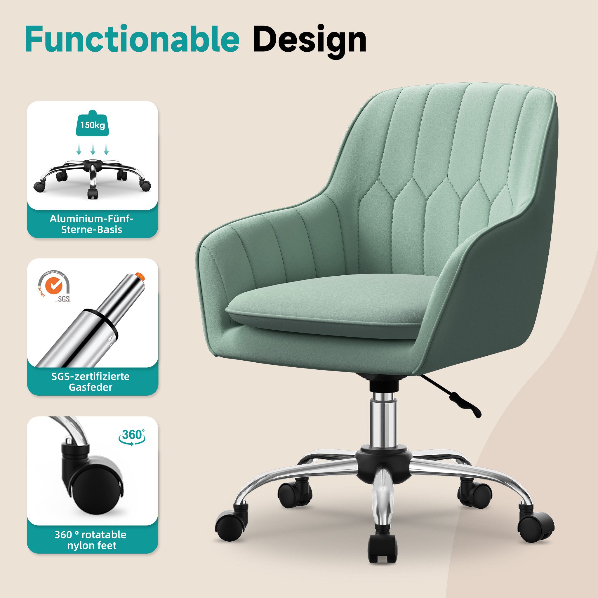 Adormii Bürostuhl Homeoffice Stuhl,Schminkstuhl mit Armlehnen und Rollen (höhenverstellbarer,Samt Stuhl,für Schminktisch,Büro und Schlafzimmer,150 kg)