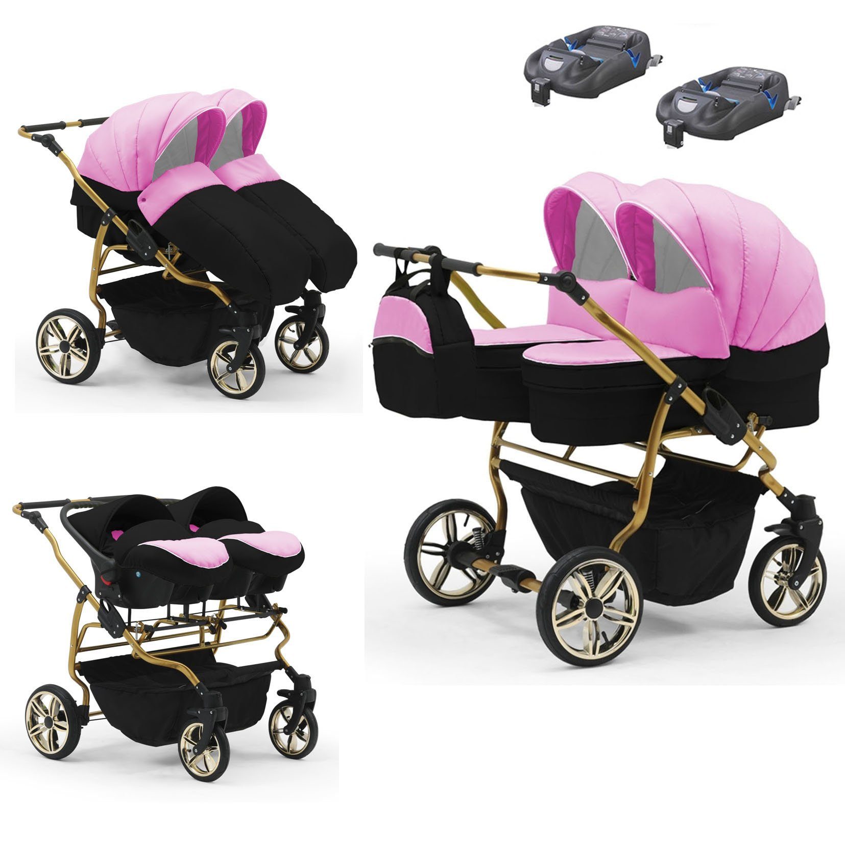 babies-on-wheels Zwillingswagen Zwillingswagen Duet Lux Gold 4 in 1 - 15 Teile - in 33 Farben Pink-Schwarz | Geschwisterwagen