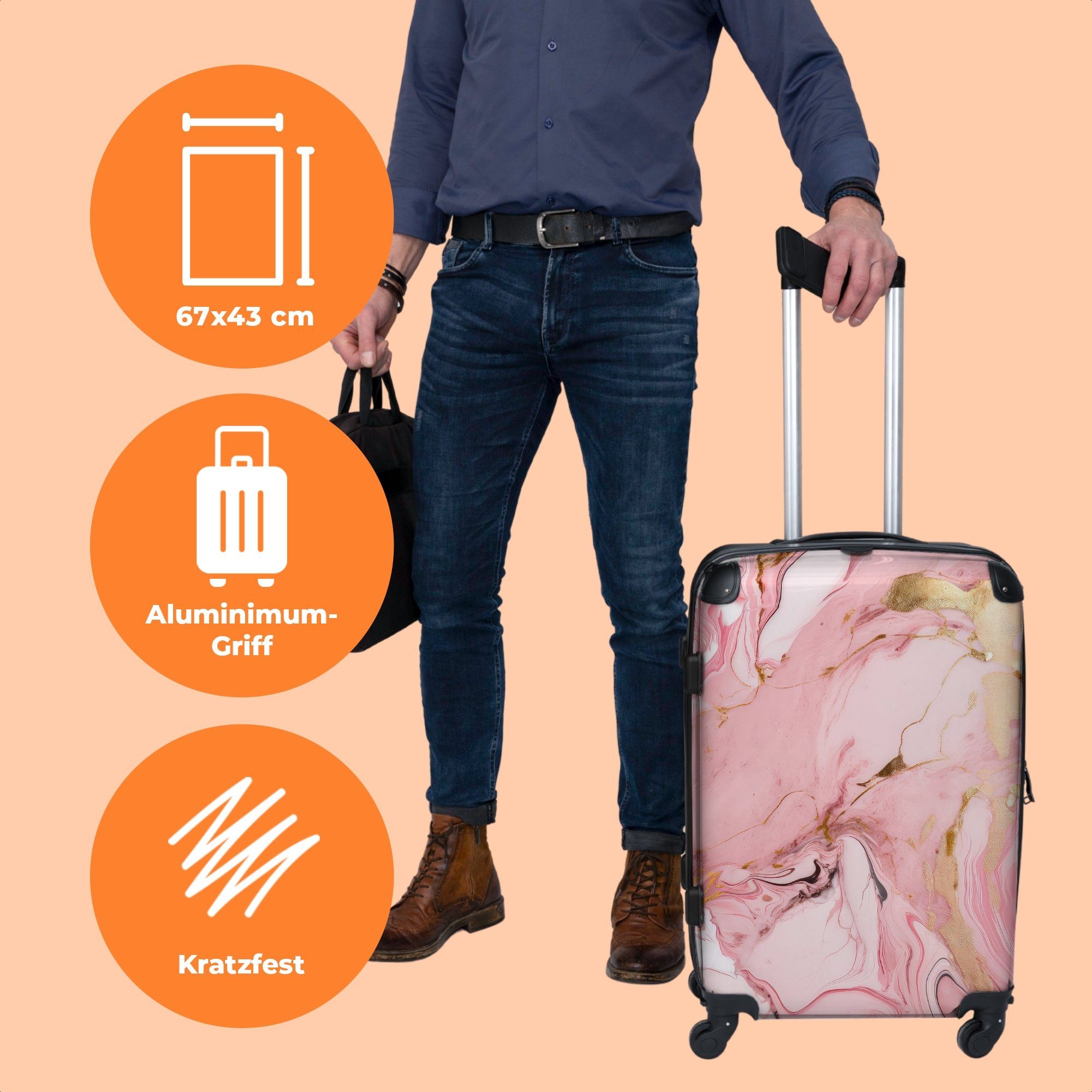 Luxus Große Gold Rosa - - Aufgabegepäck Rollkoffer - 4 - Marmor Reisekoffer Koffer mit Trolley Rollen, 67x43x25cm Rollen - 4 NoBoringSuitcases.com© Marmoroptik,