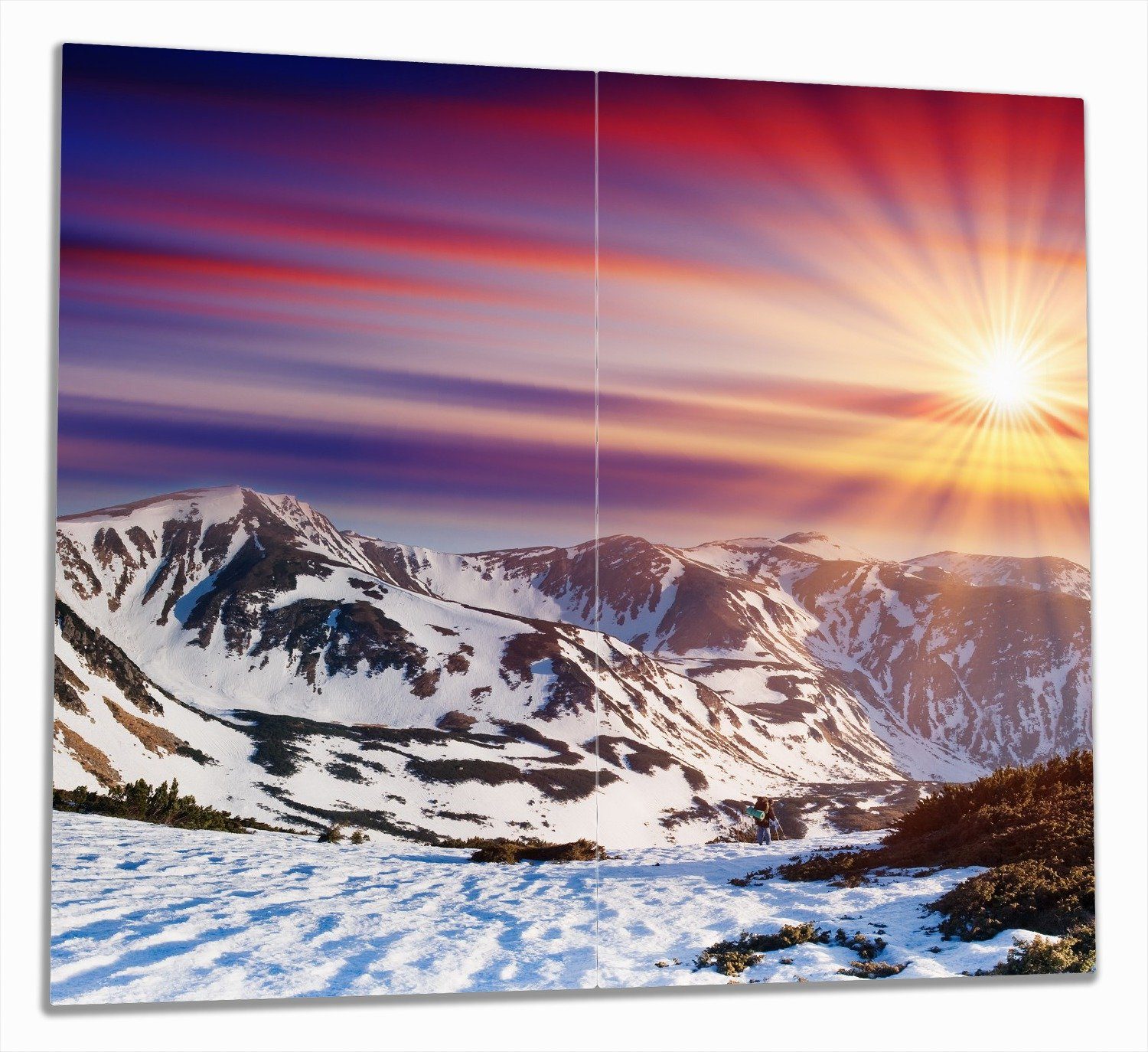 Wallario Herd-Abdeckplatte Farbenfroher Sonnenuntergang im Winter - Schnee in den Bergen, ESG-Sicherheitsglas, (Glasplatte, 2 tlg., inkl. 5mm Noppen), verschiedene Größen