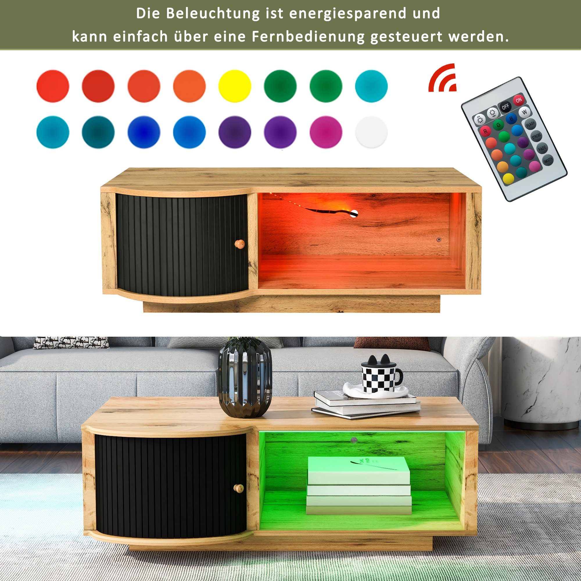 mit Couchtisch Fernbedienung) LED-Beleuchtung, Ablagefläche mit Couchtisch 100*60*35cm Fangqi 16-Farben-LED-Licht, und (USB-Schnittstelle,