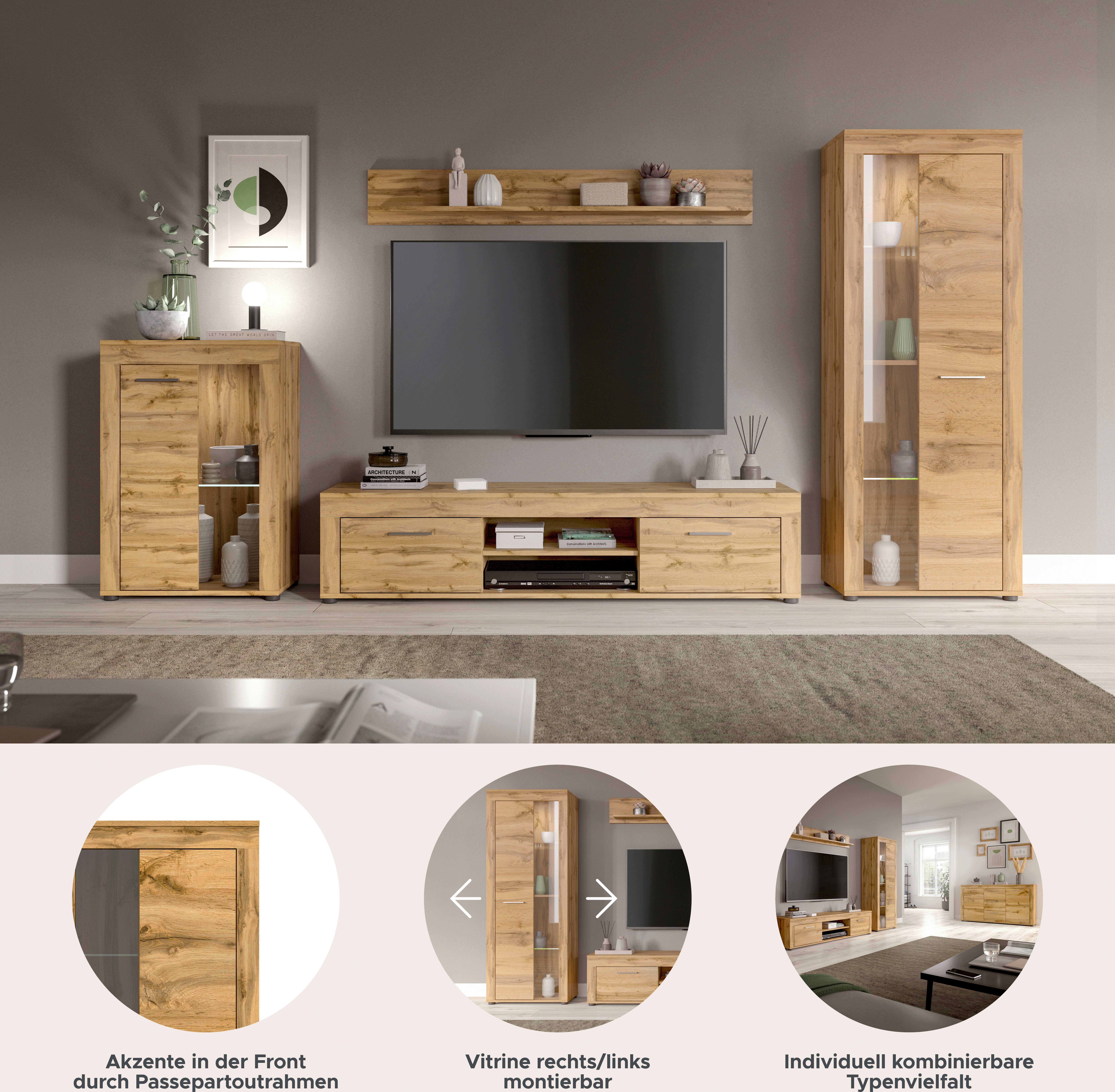 Home affaire Wohnwand AOSTA, TOPSELLER!, Breite 310cm, 4-teilige Wohn-Kombination, (4-St., bestehend aus: Vitrine, Lowboard, Wandboard & Vitrine hoch), Wohnwand, Kombination, Anbauwand, Möbel Set, Schrankwand, Möbel Kombi