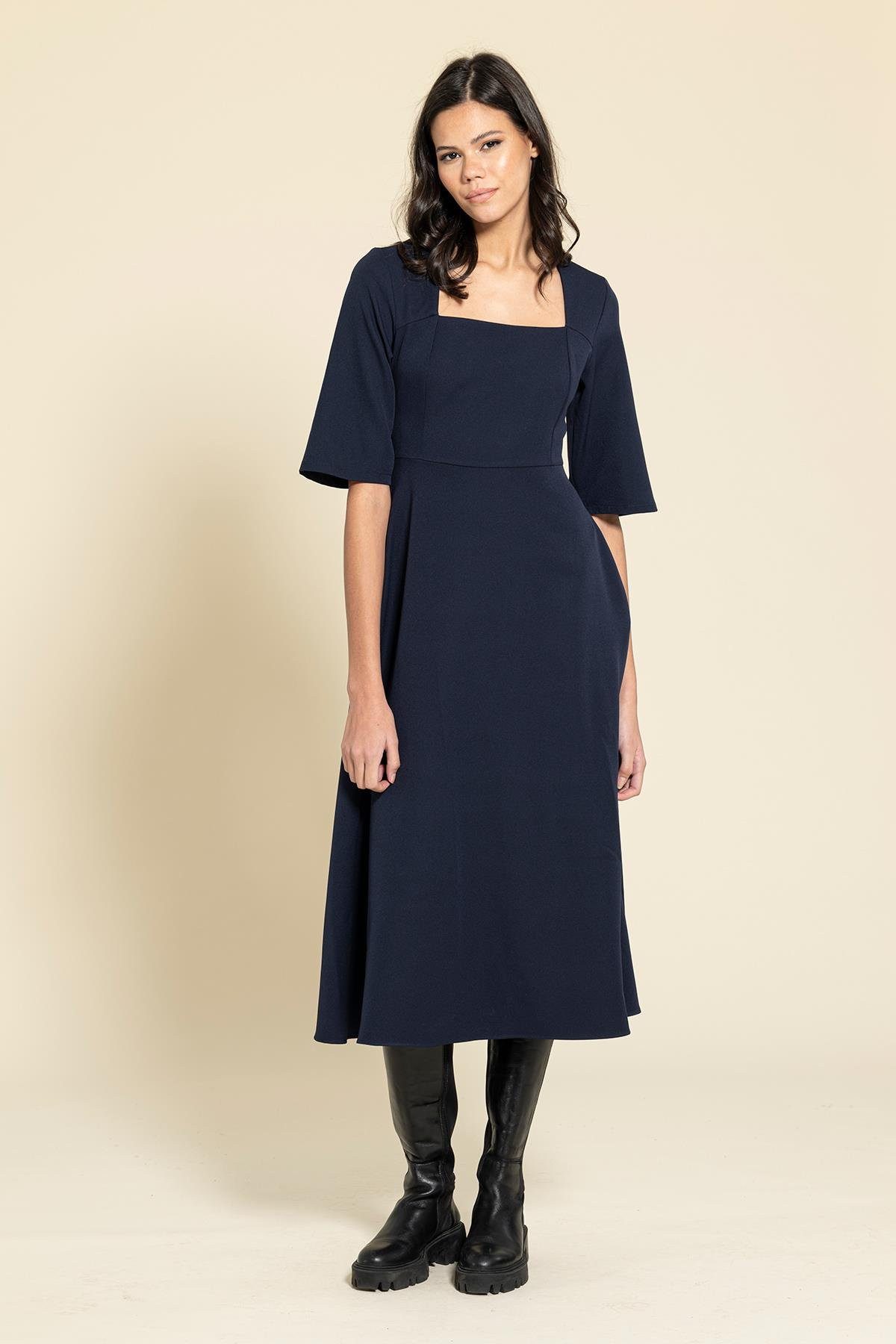 For You Moda Minikleid Blaues Gürtel-Kare-Yaka-Kleid