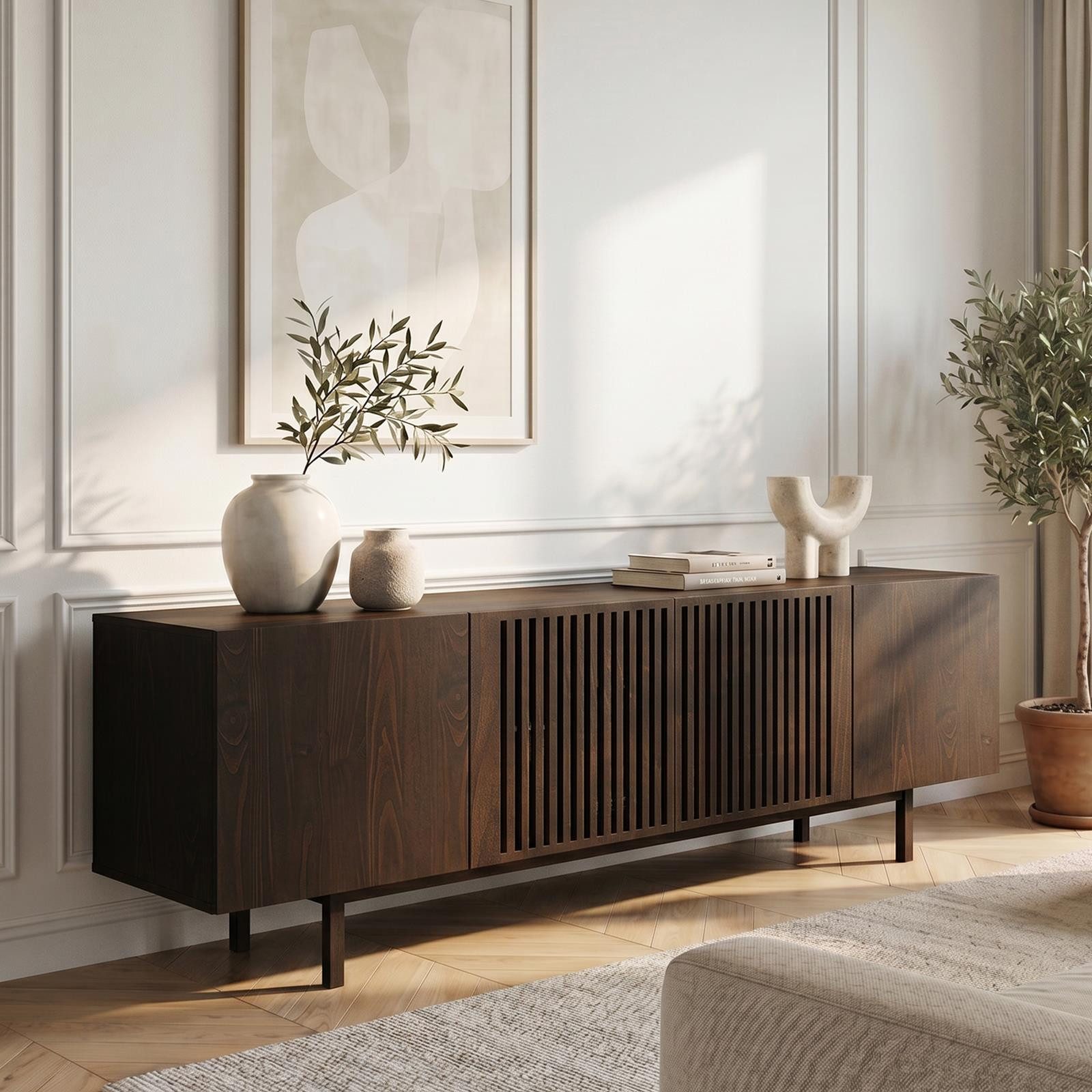 IDIMEX Lowboard LINN, Sideboard 180 cm aus Massivholz mit Lamellentüren Nussbaum Finish
