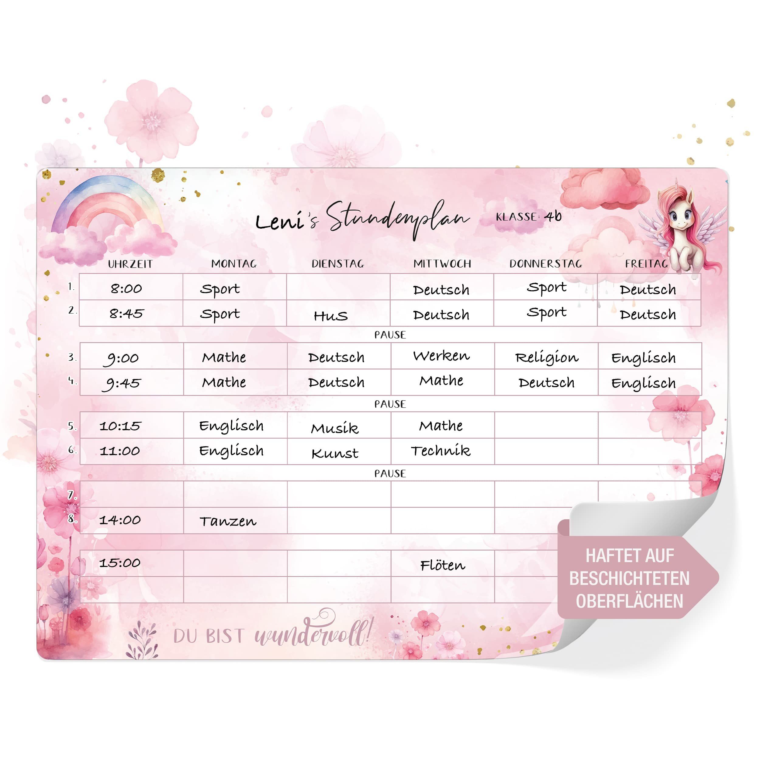 TOBJA Wandtafel Einzigartiger Stundenplan Einhorn - wiederablösbar, nass zu reinigen, Unicorn Mädchen Rosa Grundschule Wochenplaner