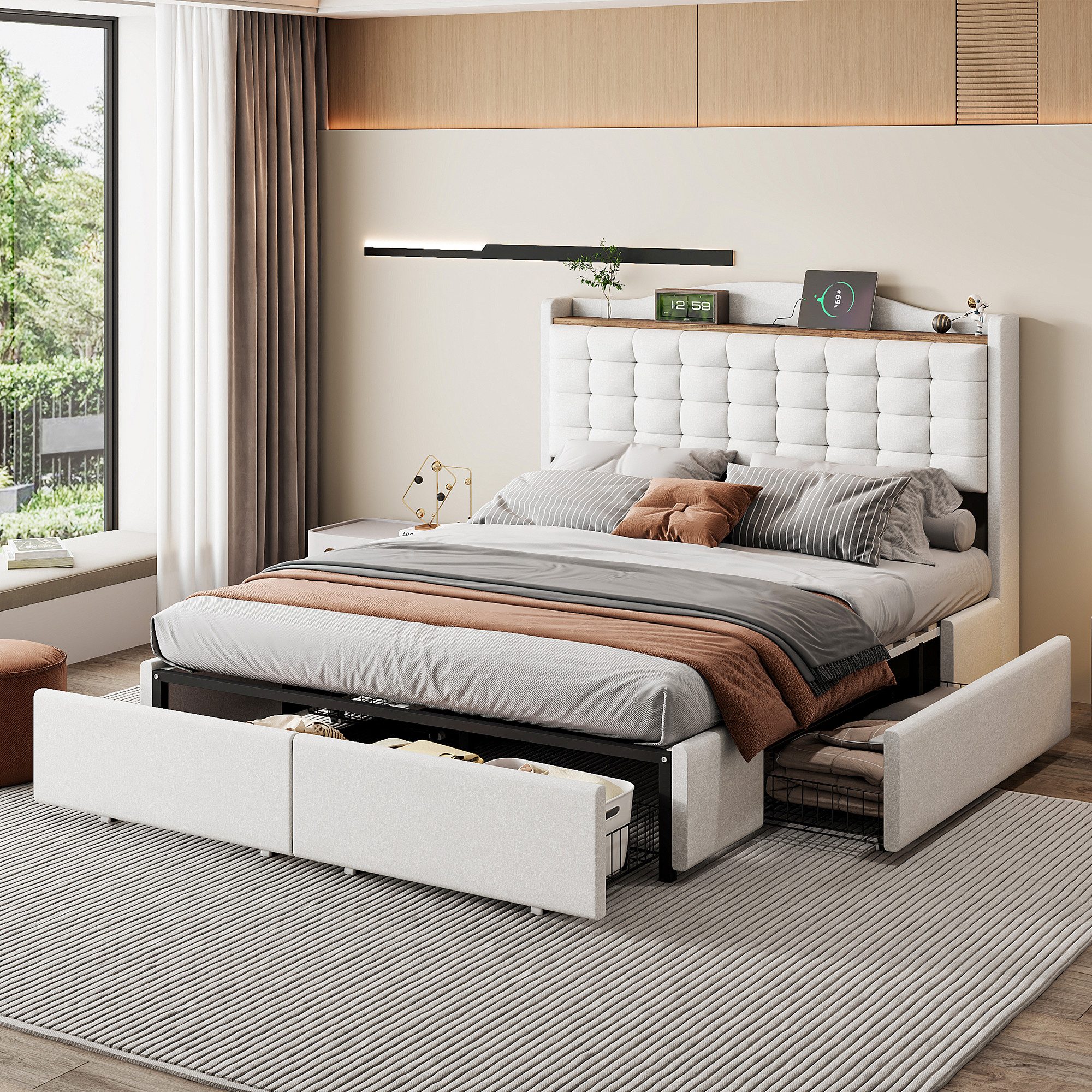 Flieks Polsterbett, Doppelbett 140x200cm mit USB-Ladeanschluss günstig online kaufen