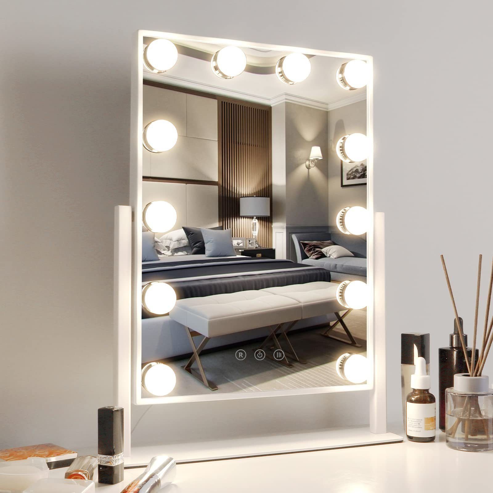 12 Schminkspiegel Kosmetikspiegel Hollywood-Schminkspiegel für EU-Stecker), Tischplatte, Smart 3 mit 360-Grad-Drehung, Aoucheni (für Schlafzimmer Farblichter, Touch, mit LED-Lampen