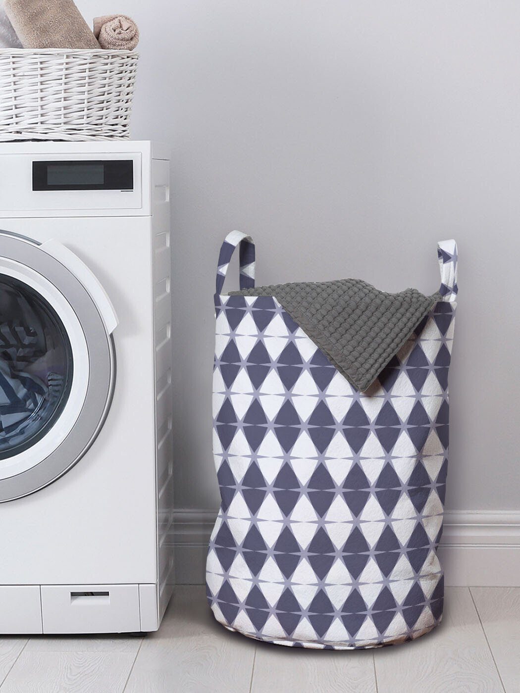 Waschsalons, Griffen mit Abakuhaus Wäschekorb Monochrome Kordelzugverschluss Wäschesäckchen Rhombuses Art Geometrisch für