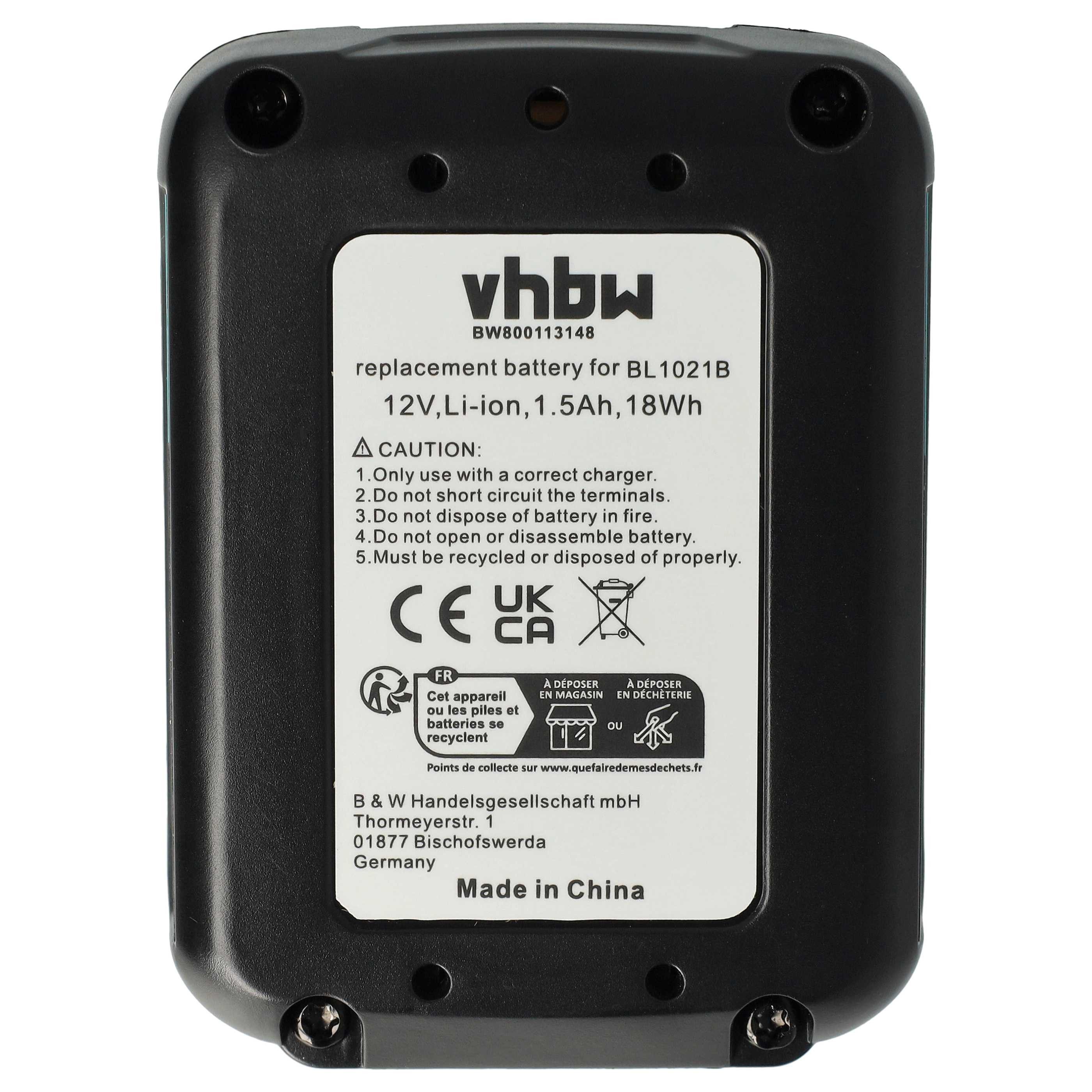 vhbw Akku passend für Makita JR103DZ, JR103DWAE, JV101D, JR104D, JV101DS, Akku Akku Li-Ion 1500 mAh (12 V, 1 St), Leistungsfähiger Austausch-Akku für Werkzeug Powertools wie