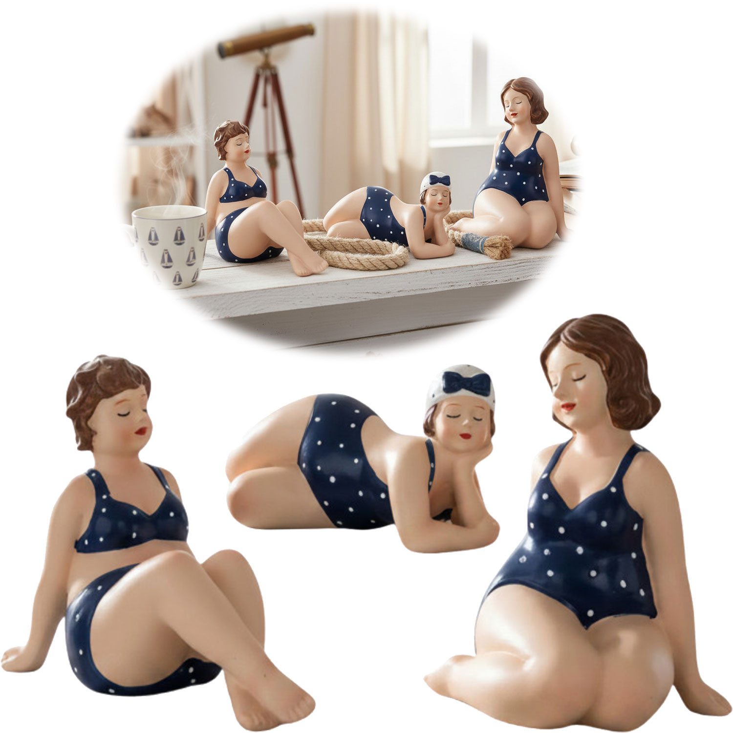 LS-LebenStil Dekofigur Set 3x Badenixe XL Figur Molly Maritim Blau Weiß Badefiguren (3 St., Maritime Stranddamen, Die Molly´s sind wahre Eyecatcher), 3-fach mollige Rubensfrauen im Retro Badeanzug, Deko im Badezimmer