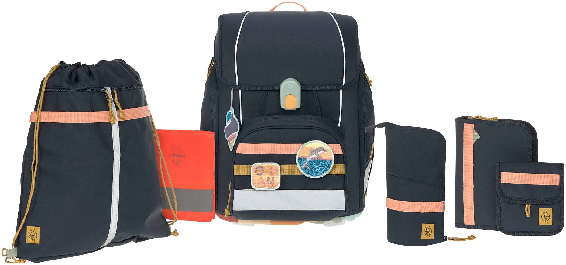 LÄSSIG Schulranzen Unique, Boxy, Ocean Edition, dark blue (Set, 7-tlg), PETA-approved vegan; aus recycelten PET-Flaschen