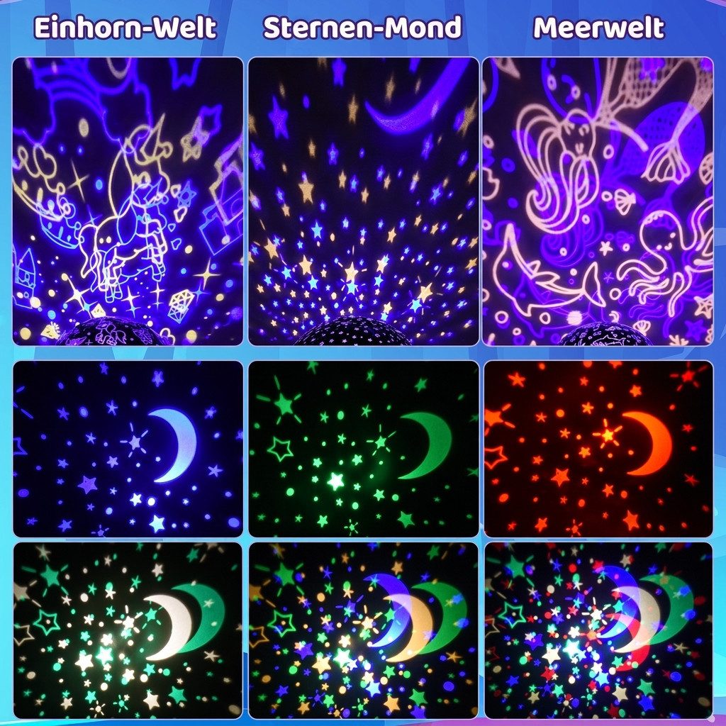 Wootoy LED Nachtlicht Mushroom Sternenhimmel Projektor Nachttischlampe mit 6 Lichtmodi, mit 10-Stunden-Timer 3 austauschbaren Projektionsfilmen und 360° rotierende Projektion, LED fest integriert, verschiedenen Farben und sanften Beleuchtungseffekten, Dekorative Beleuchtung für Kinderzimmer Schlafzimmer und Wohnräume