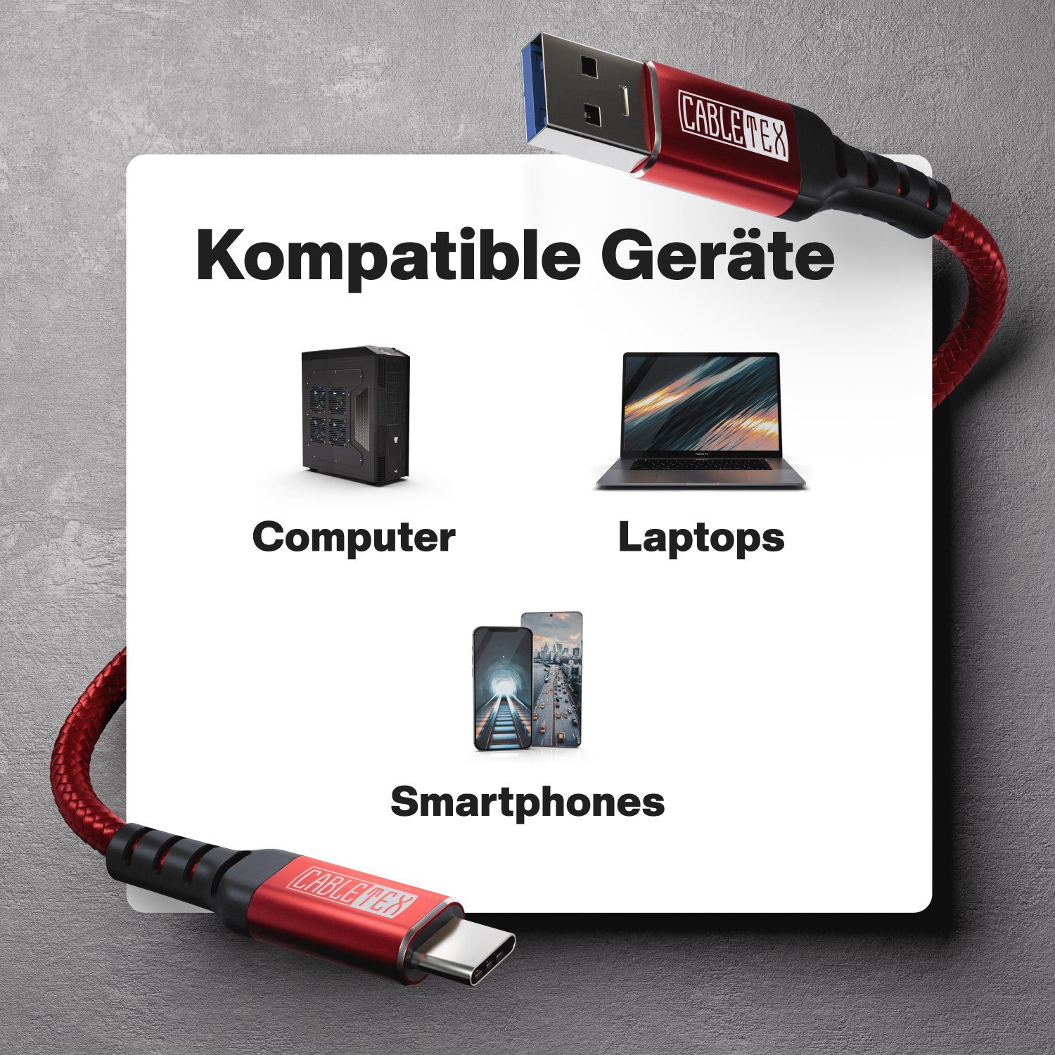 CABLETEX Smartphone-Kabel, USB-C, USB-A (200 cm), Nylonmantel