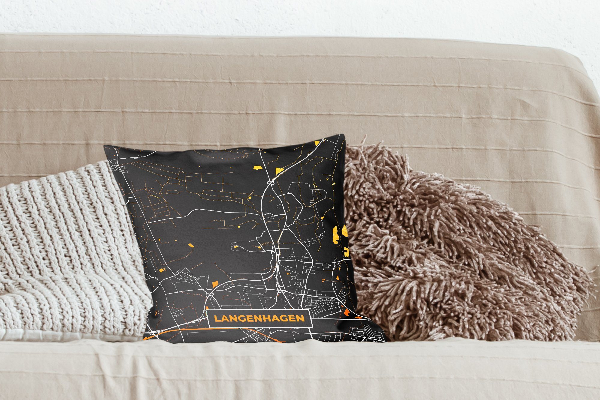Sofakissen Deutschland - - Deko, Gold Karte, Wohzimmer, Karte - Dekokissen mit Stadtplan Schlafzimmer, - MuchoWow für Zierkissen Füllung Langenhagen -