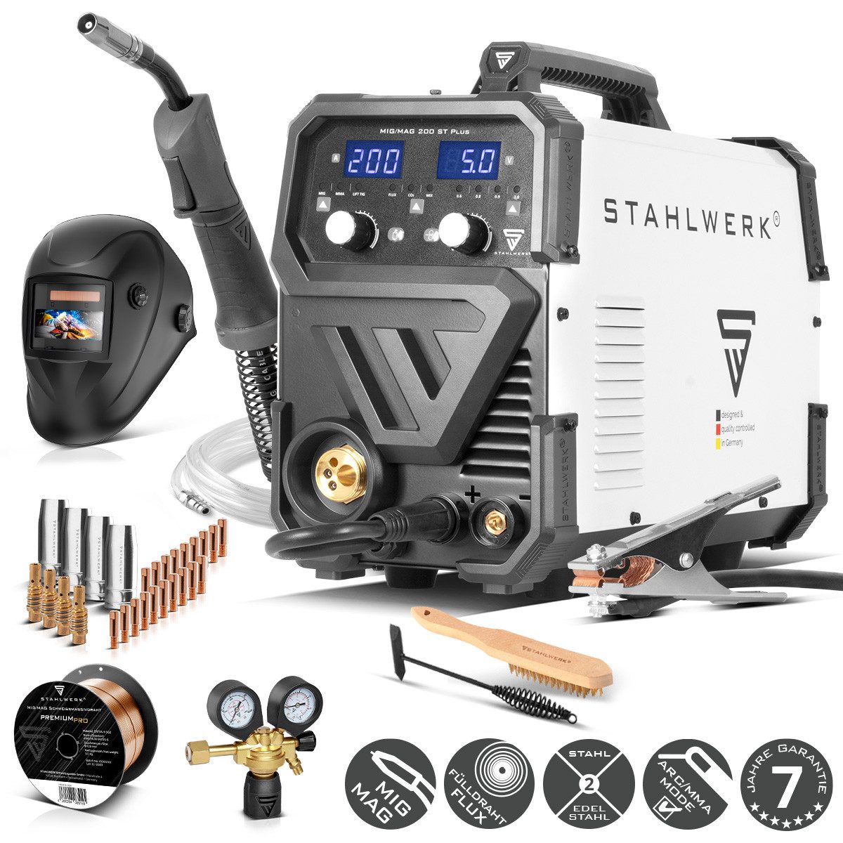 STAHLWERK Schutzgasschweißgerät Schweißgerät MIG MAG 200 ST Vollausstattung, 20 - 200 A, Packung, 1-tlg., Vollausstattung, IGBT Inverter mit 200 A