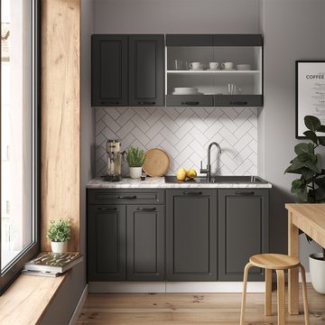 Livinity® Küchenzeile R-Line, Anthrazit Landhaus/Weiß, 140 cm, AP Anthrazit