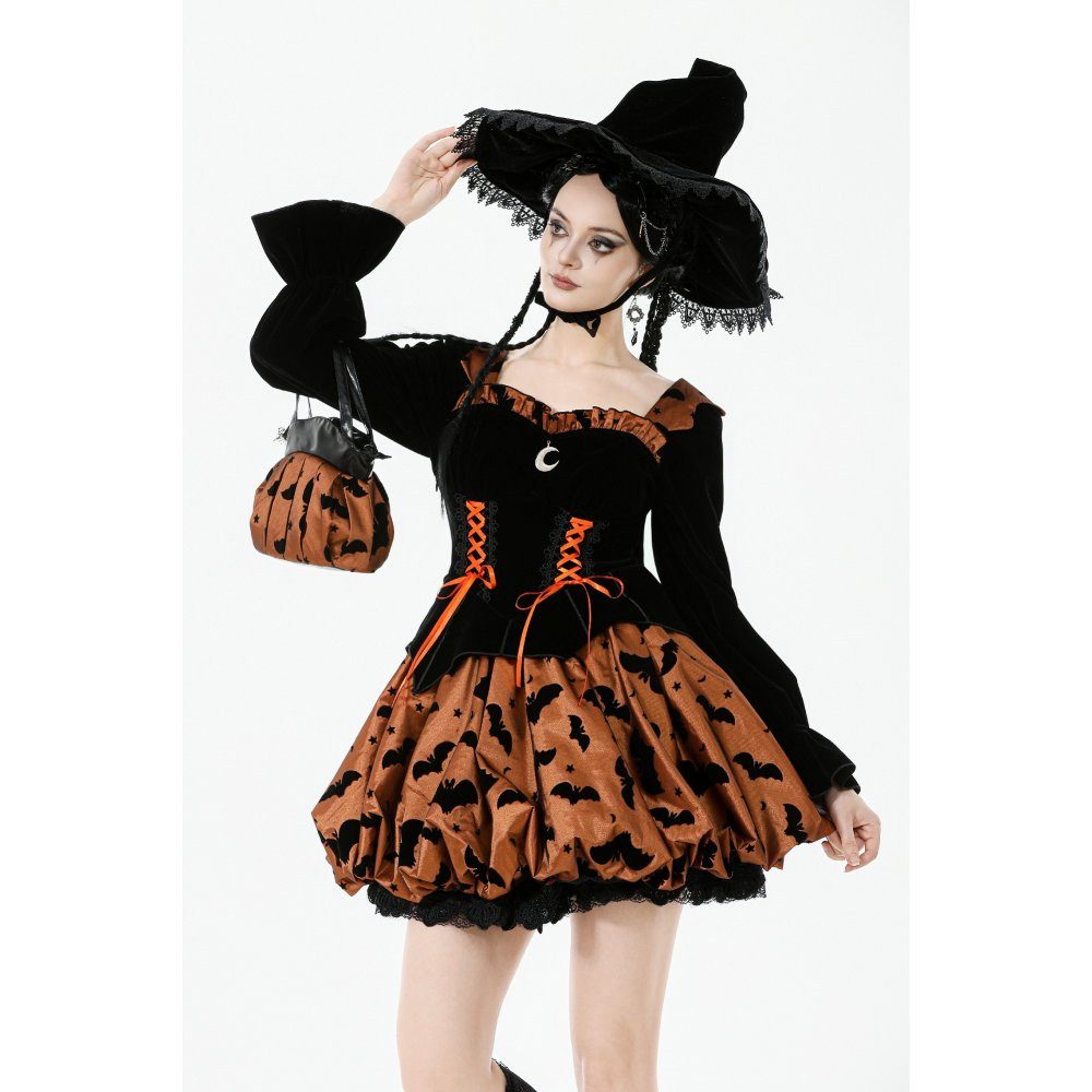 Dark in Love Schultertasche Halloween Beuteltasche in schwarz-orange Fledermausmotiv, Halloween-Beuteltasche mit auffälligem Fledermausmotiv