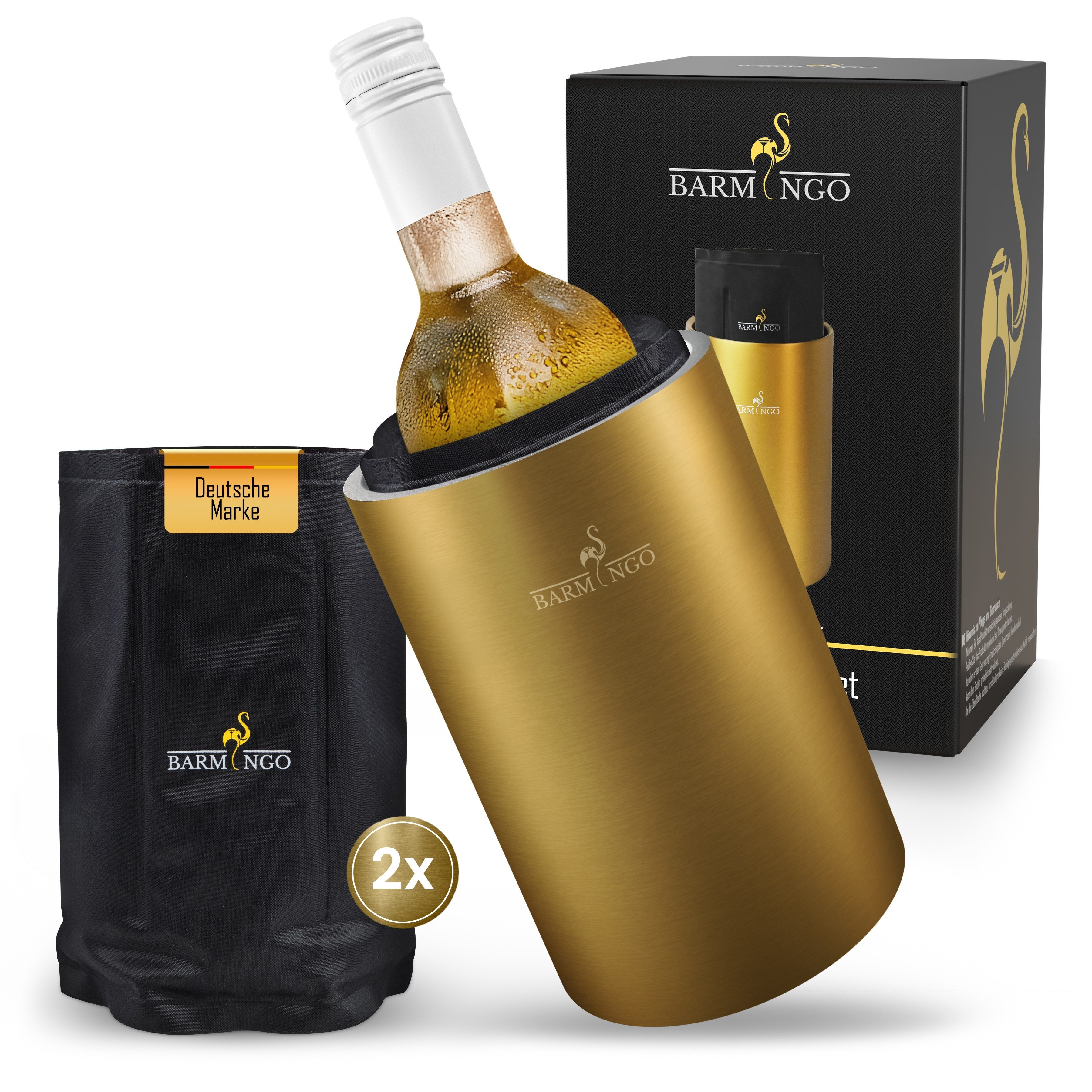 BARMINGO Wein- und Sektkühler Edelstahl mit 2 Kühlmanschetten, Weinflaschenkühler & Getränkekühler, doppelwandiger Flaschenkühler für Wein, Sekt & Champagner