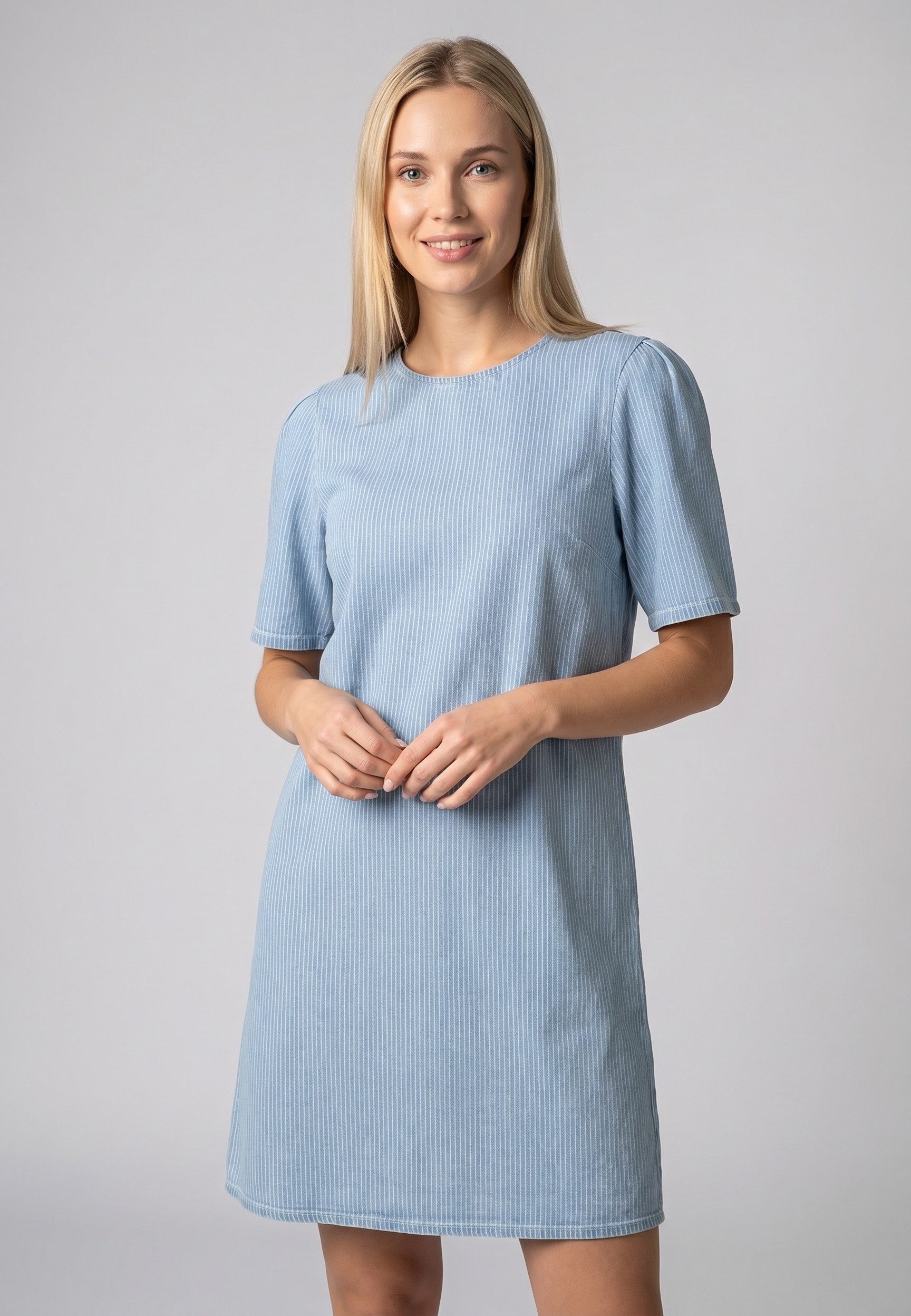 SUBLEVEL Jeanskleid Damen Denimkleid mit Bindebändern und Streifen Kurzes Jeanskleid, Puffärmel, Bindebänder hinten