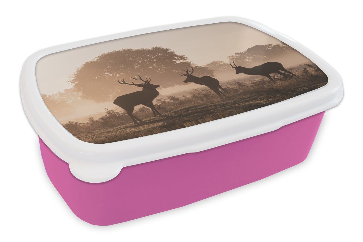 MuchoWow Lunchbox Hirsche - Nebel - Wald, Kunststoff, (2-tlg), Brotbox für Erwachsene, Brotdose Kinder, Snackbox, Mädchen, Kunststoff rosa