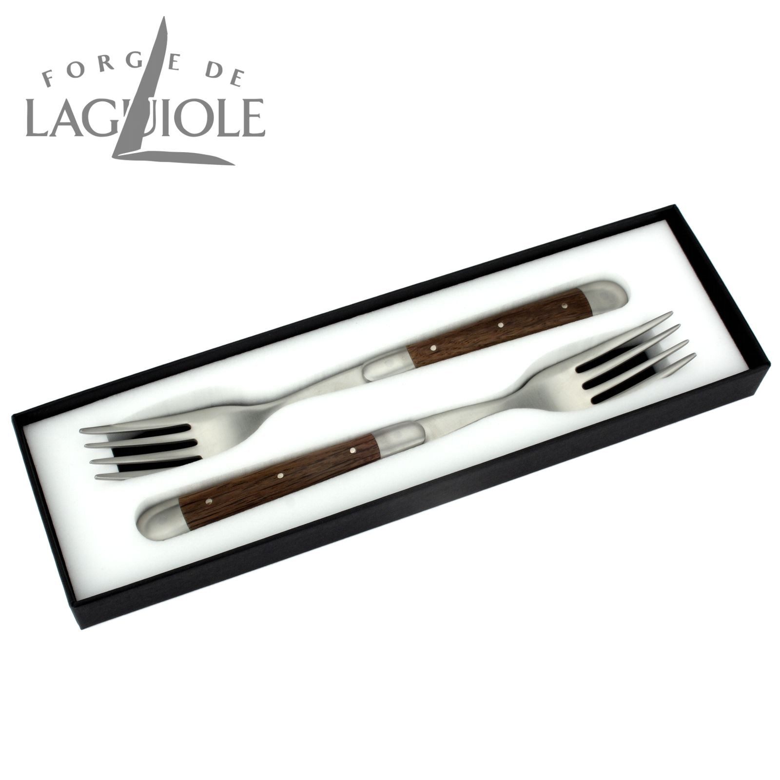 Forge de Laguiole Steakbesteck FE2 2M IN CHFC SAT, 2 Gabeln - Griff fossile Mooreiche - Gabelteil Stahl satiniert