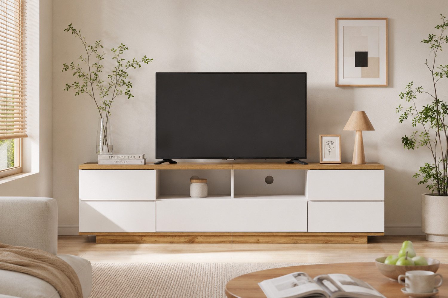 KLAM HOME Lowboard moderner TV-Schrank in weißer Ausführung (für Wohnzimmer Schlafzimmer), TV-Board Fernsehschrank Kommode für Fernseher 180 x 38 x 46