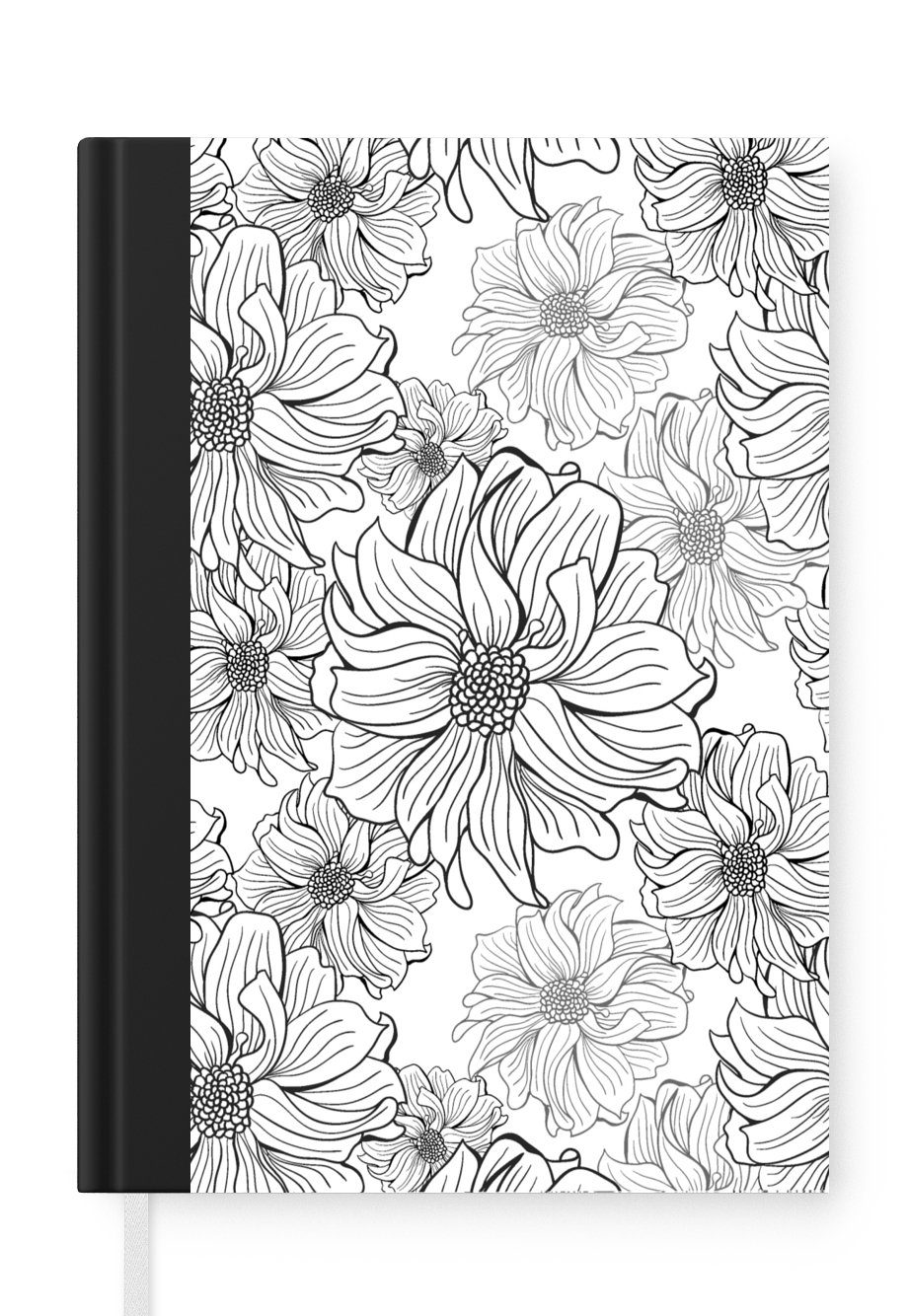 MuchoWow Notizbuch Blumen - Schwarz - Weiß - Design, Journal, Merkzettel, Tagebuch, Notizheft, A5, 98 Seiten, Haushaltsbuch