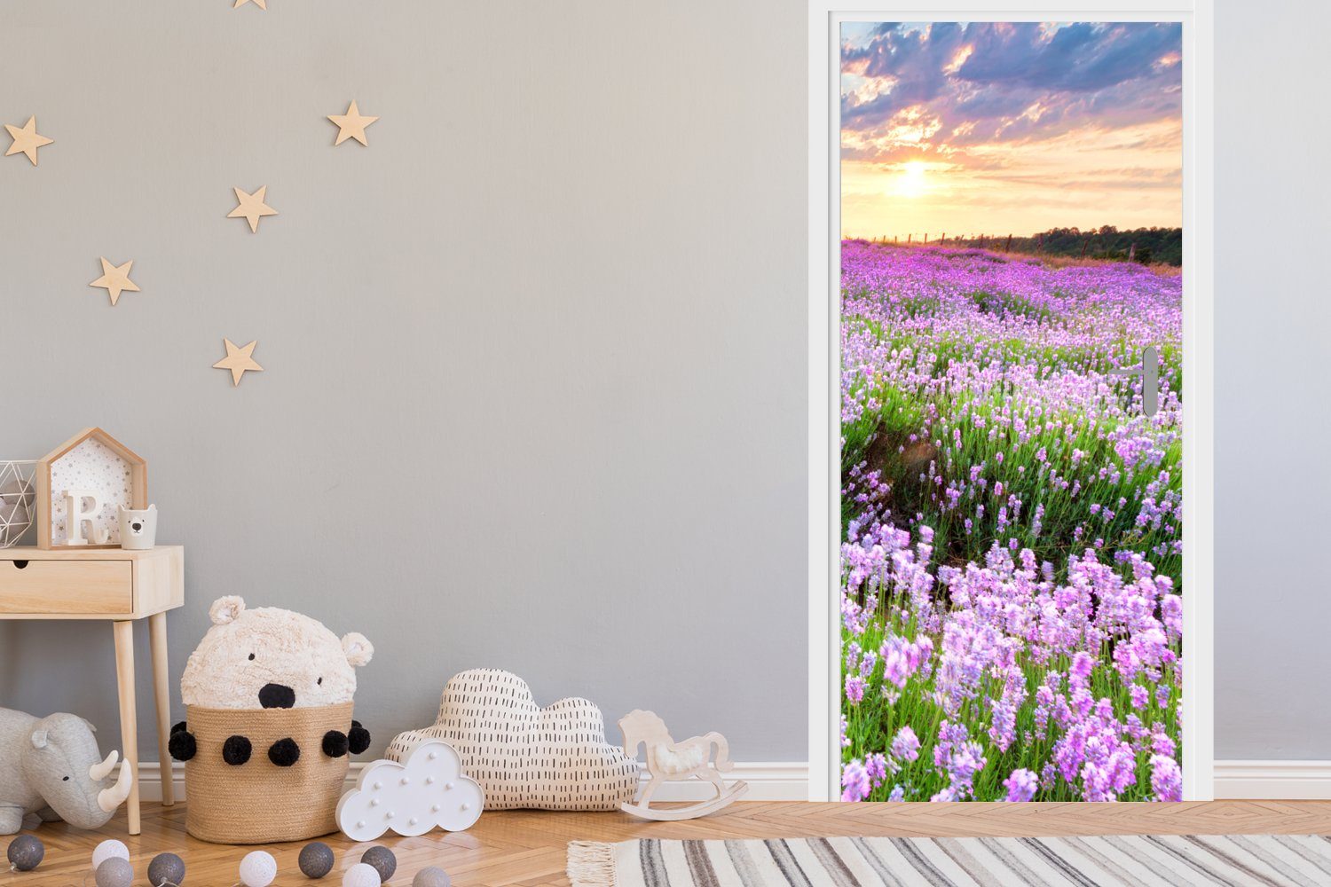 - Lila Tür, Matt, 75x205 St), MuchoWow Wiese, Fototapete - Türaufkleber, Türtapete für - (1 Sonnenuntergang - bedruckt, cm Lavendel Blumen