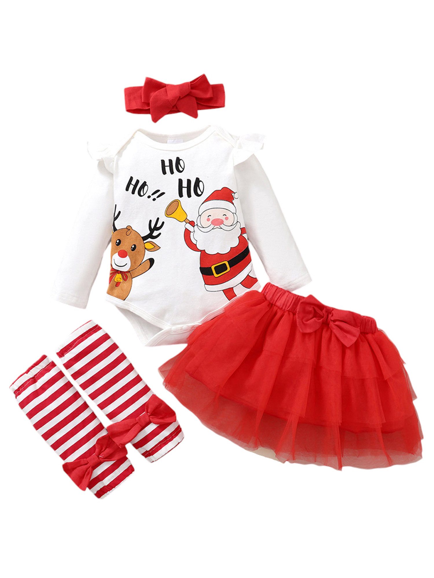 Lapastyle Shirt, Rock & Haarband Weihnachtsset, süßes Partyset, Baby-Weihnachtsgeschenk, Geburtstagsset 4-tlg Baby Outfit Set, Mädchen Повзунки, Netzrock, Fußsäcke, Haarband