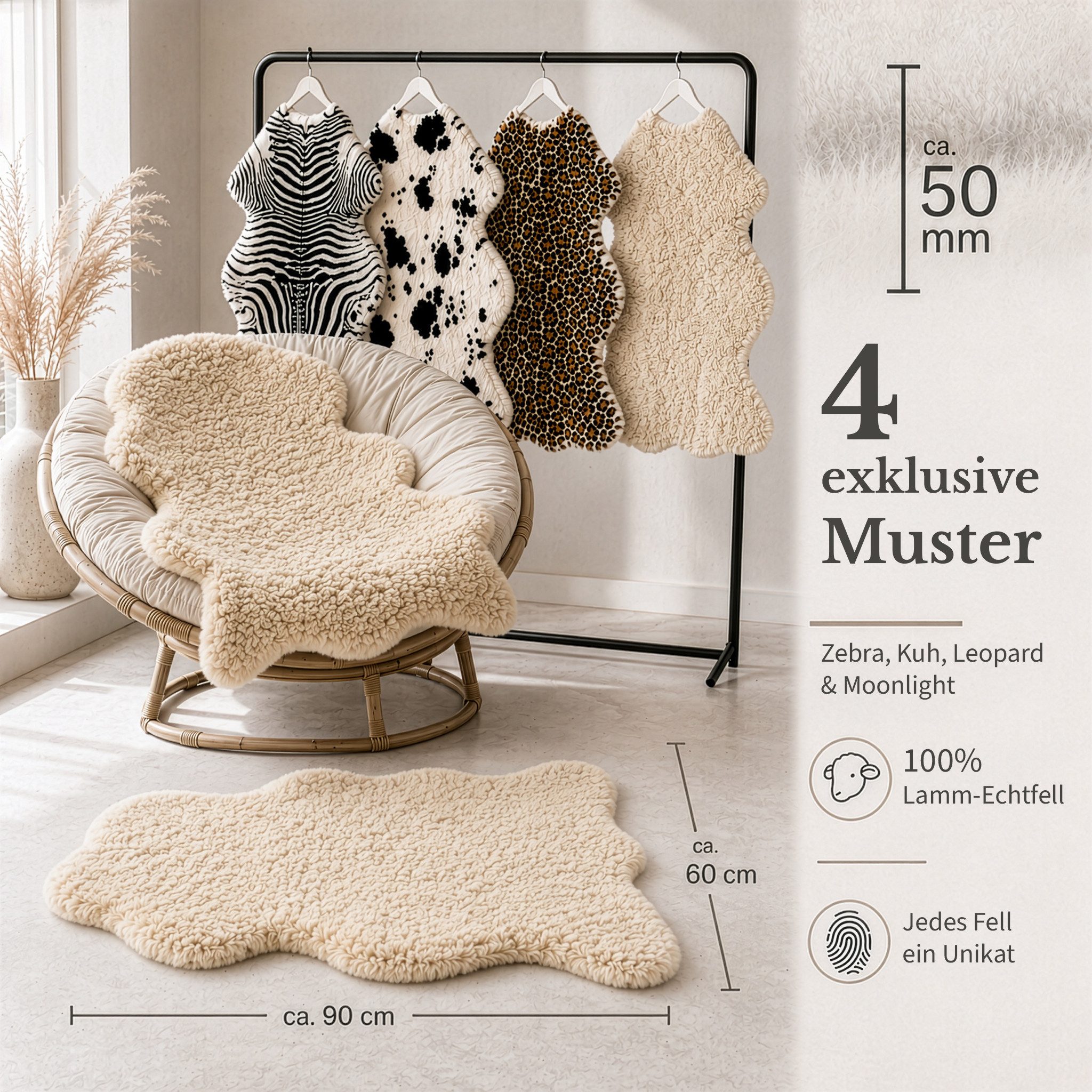 Kubus Fellteppich Design-Lammfell Willow, 100 % Schafwolle, Weich & Natürlich, Mit natürlichem Lederrücken