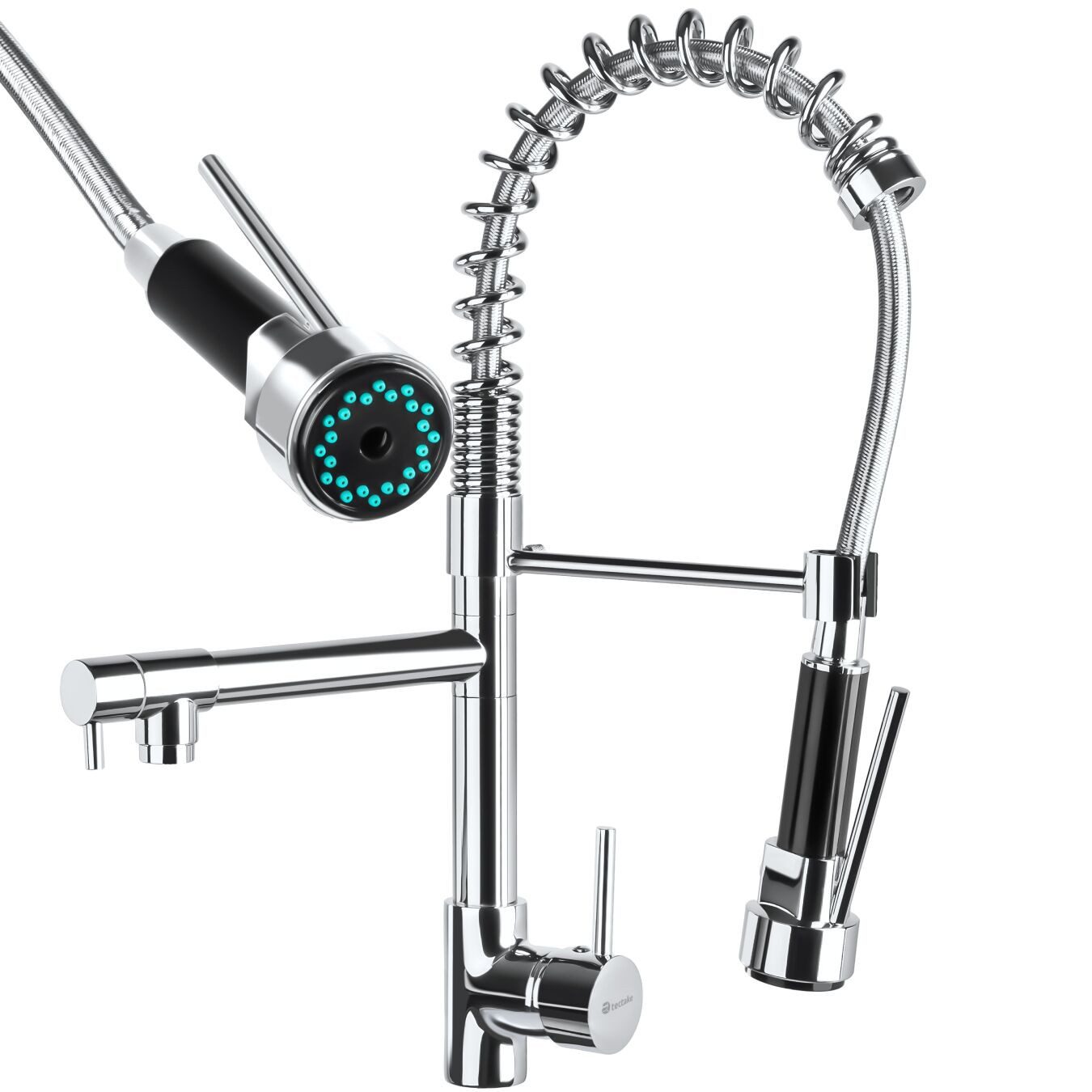 tectake Spültischarmatur Küchenarmatur, inklusive 2 Anschlussschläuche, mit Einhebelmischern (Spültischarmatur, Wasserhahn in grau) Hochdruck, Chrom, 360° drehbar Spiralfeder mit ausziehbarer Brause