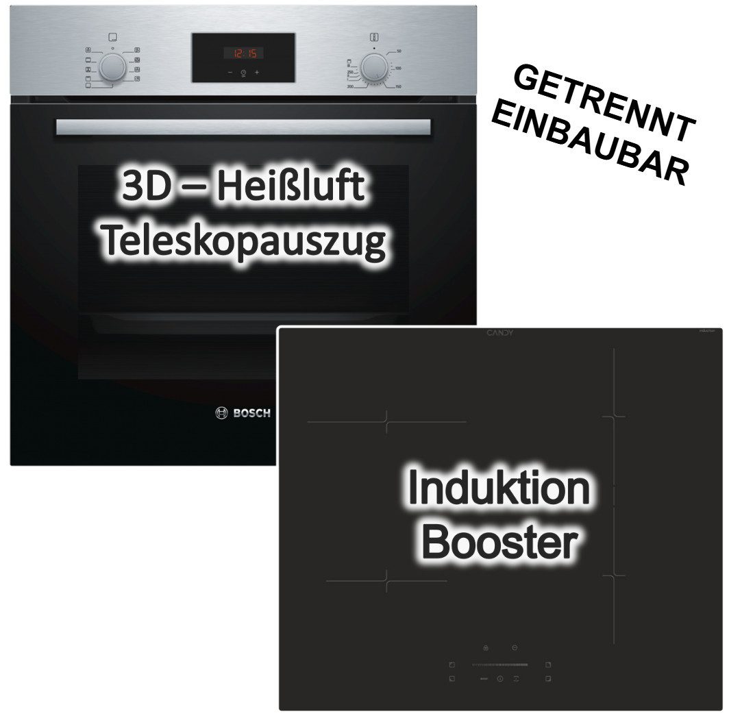 BOSCH Backofen-Set Backofen 3DHeißluft Teleskop + Candy Induktionskochfeld Booster Slider
