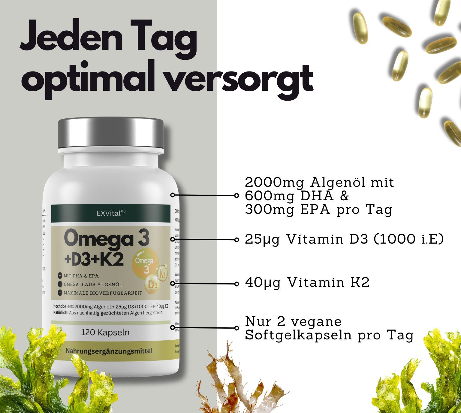 Omega 3 + D3 & K2 Kapseln aus Algenöl, hochdosiert & vegan, 120 Stück Kapseln, 183 g