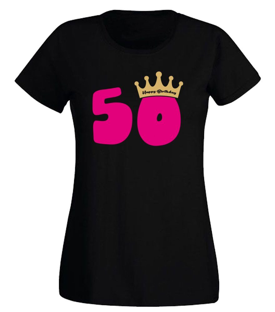 G-graphics T-Shirt 50 – Happy Birtday – mit Krone Slim-fit Damen T-Shirt mit Motiv zum 50. Geburtstag