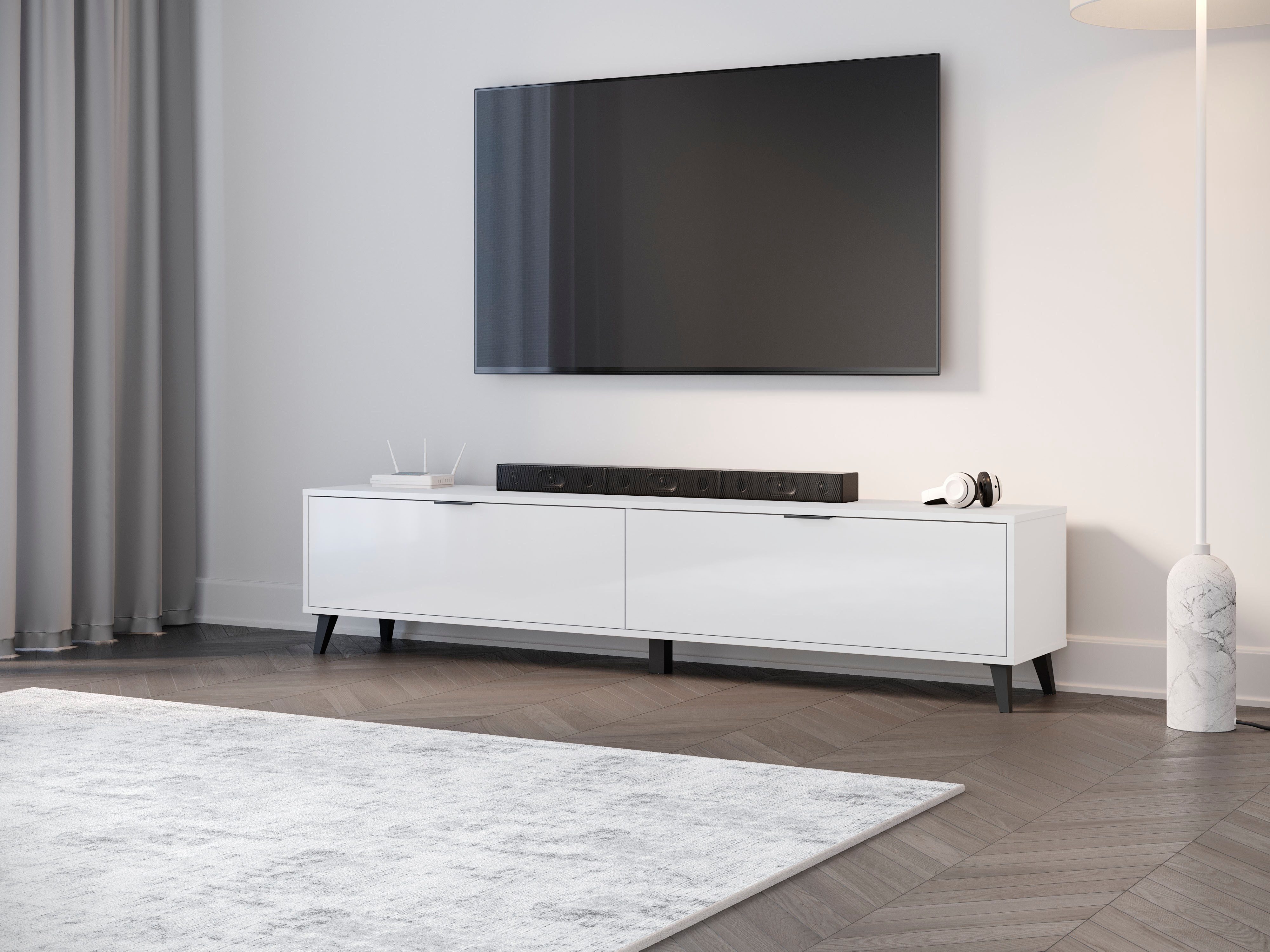 OTTO home Lowboard Oslo, B/H/T: 180/40/33 cm, 2 Klappen, schwarze Metallgriffe, schwarze Füße