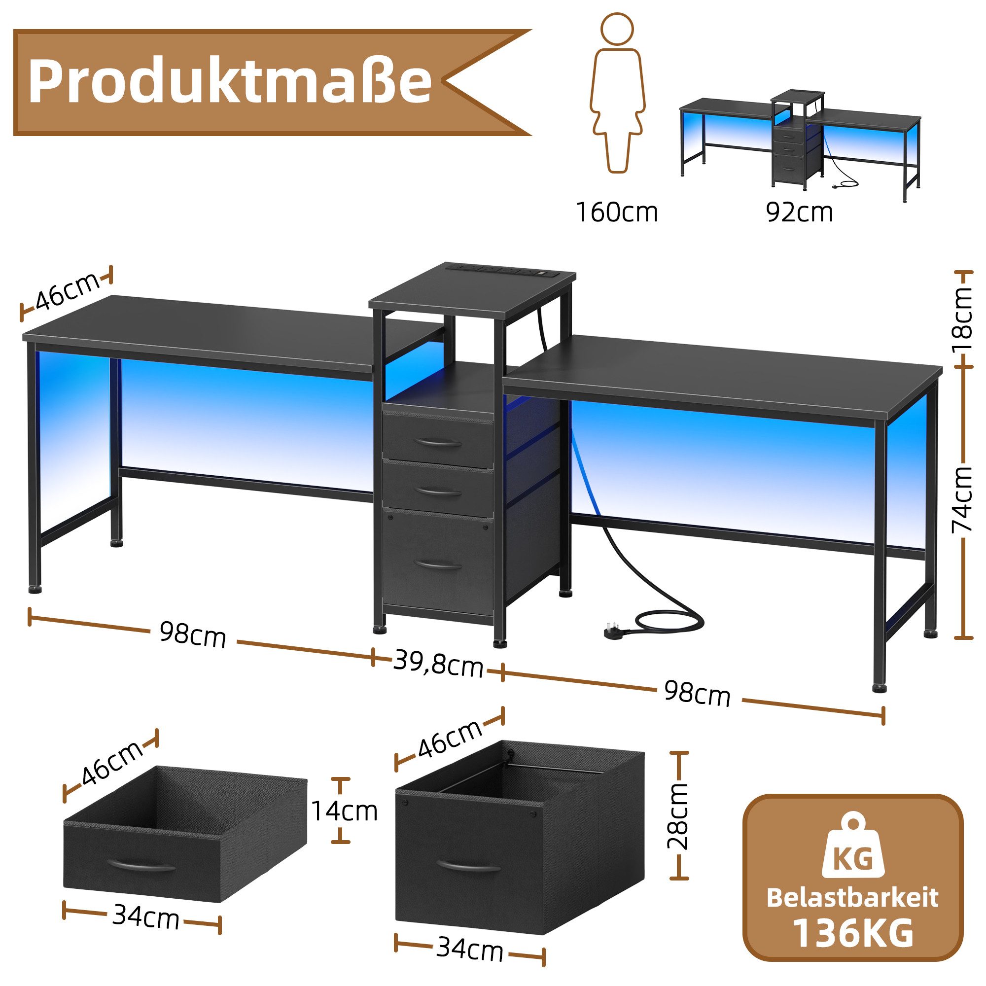 OYRREU Doppelschreibtisch mit LED-Beleuchtung, 3 Stoffschubladen, Computertisch, OTTO’S CHOICE (Bürotisch 2 in 1 Set, 2 Arbeitsplätze mit RGB-LED-Streifen, offenes Ablagefach), Breite 240cm, verstellbare Füße, integrierte Ladestation