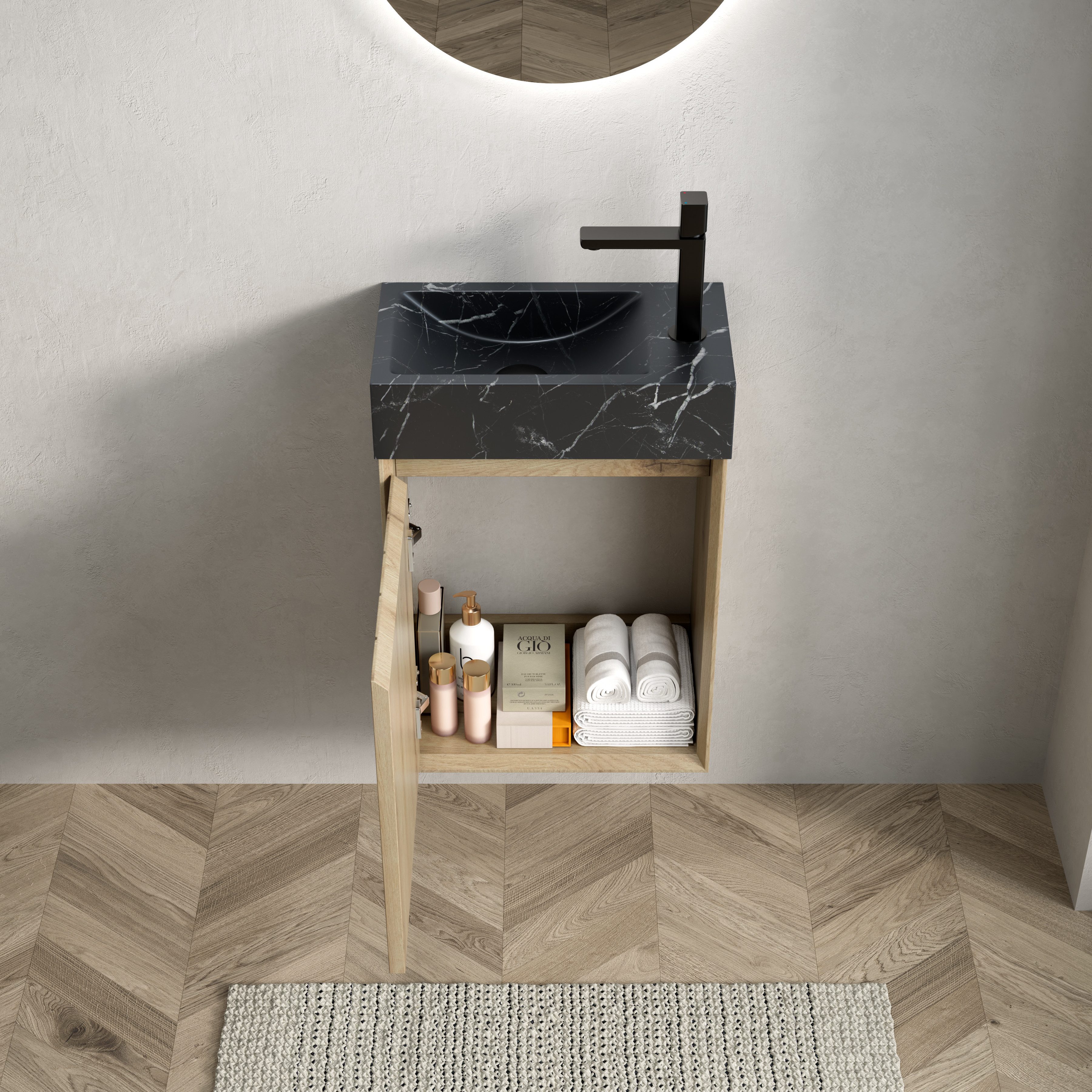 IDEASY Waschbecken Unterbauwaschbecken schwarzer Marmor 40cm Eichenschrank