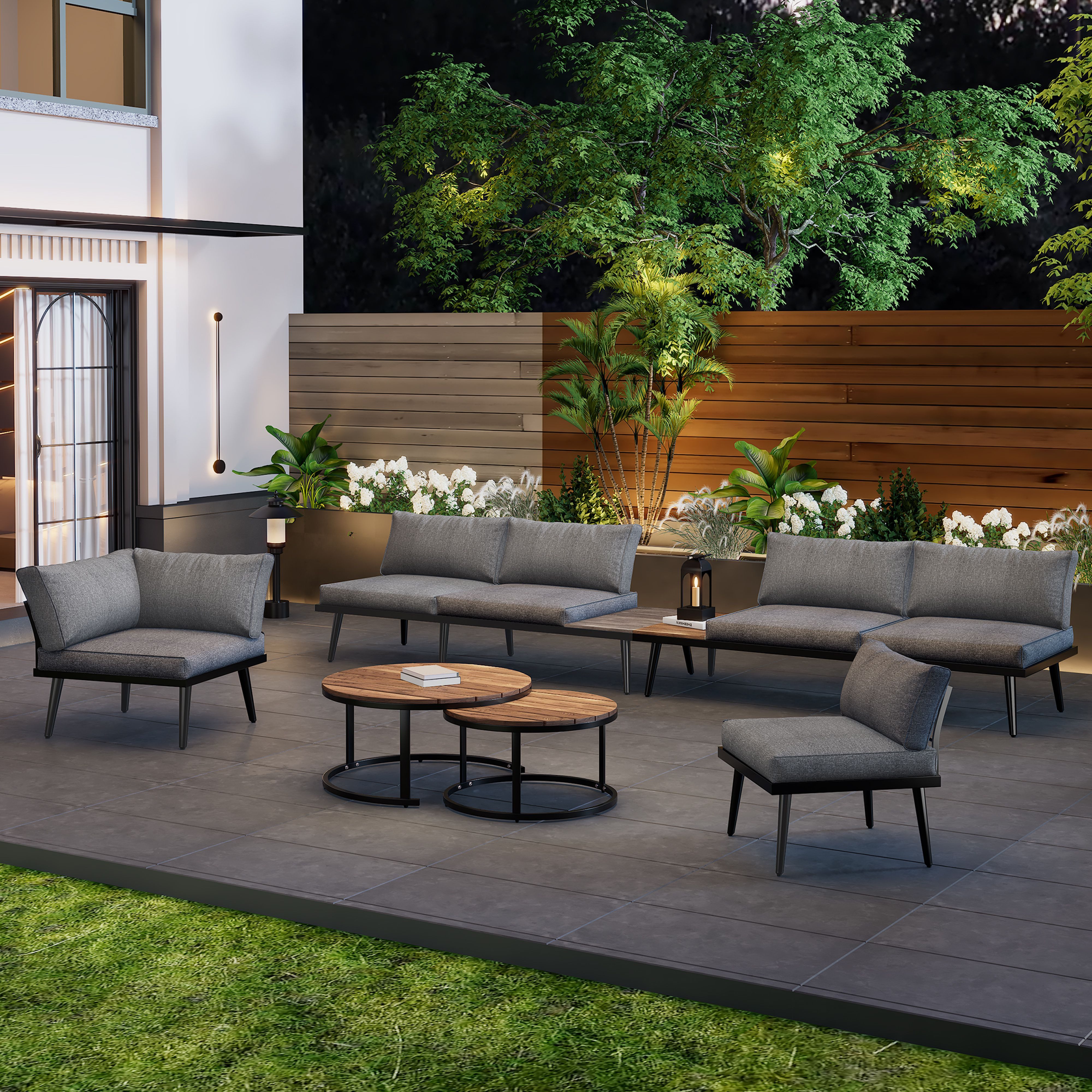 BlingBin Gartenlounge-Set Gartenmöbel-Set für 5-6 Personen, Gartenmöbelset, Terrassenmöbel Set, (Rahmen aus Verzinktem Eisen, Hochwertiges Holz, 6-tlg., 2 Zweisitzer-Sofa, 2 Einsitzer-Sofa, 2 Tisch), Essgruppe für Terrasse Balkon Garten Indoor Outdoor, Grau
