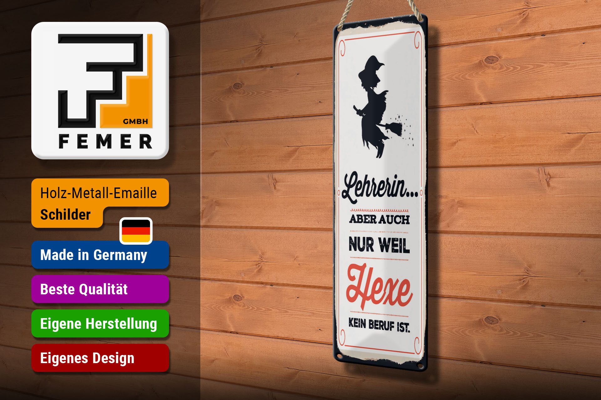 Femer GmbH Metallschild Spruch 46x10 cm Lehrerin Hexe kein Beruf, (1 St), gewölbte Oberfläche, abgerundete Ecken, umgeschlagene Kanten