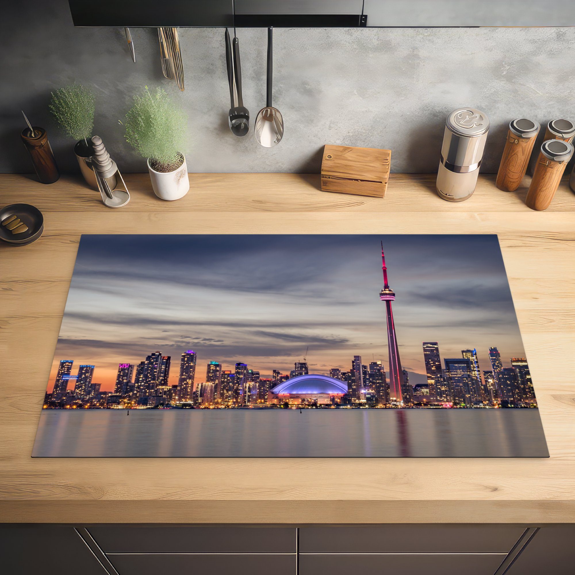 Arbeitsplatte Horizont (1 Toronto küche tlg), Ceranfeldabdeckung, für bei Herdblende-/Abdeckplatte der Sonnenuntergang, 83x51 Stadt MuchoWow cm, Vinyl,