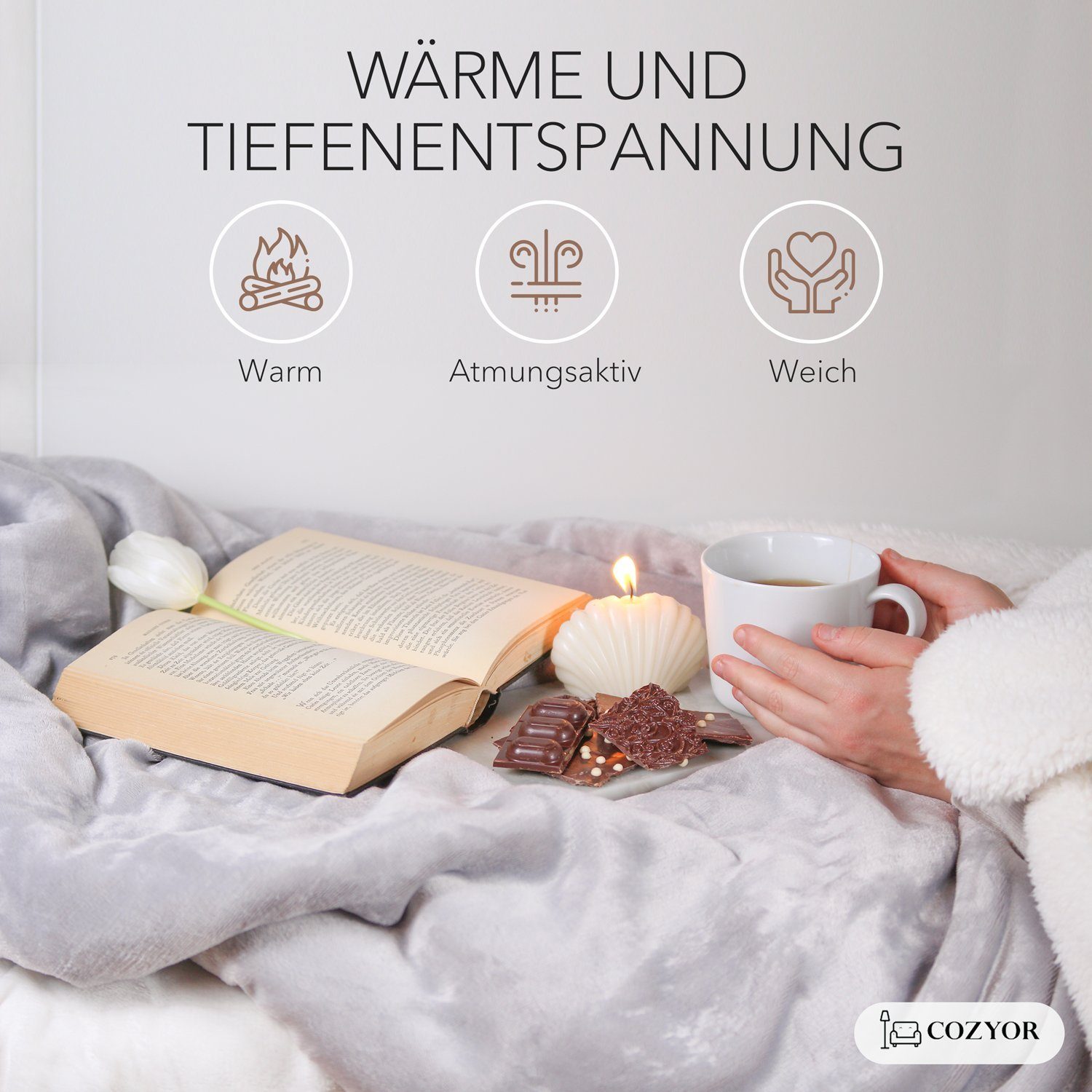 Wohndecke Kuscheldecke XL warm Sherpa, dicke Sofadecke, hochwertige Tagesdecke, Cozyor, 150x200 cm Plüschdecke hellgrau Moonlight, Wohnzimmerdecke Sherpadecke – Bild 4 von 5